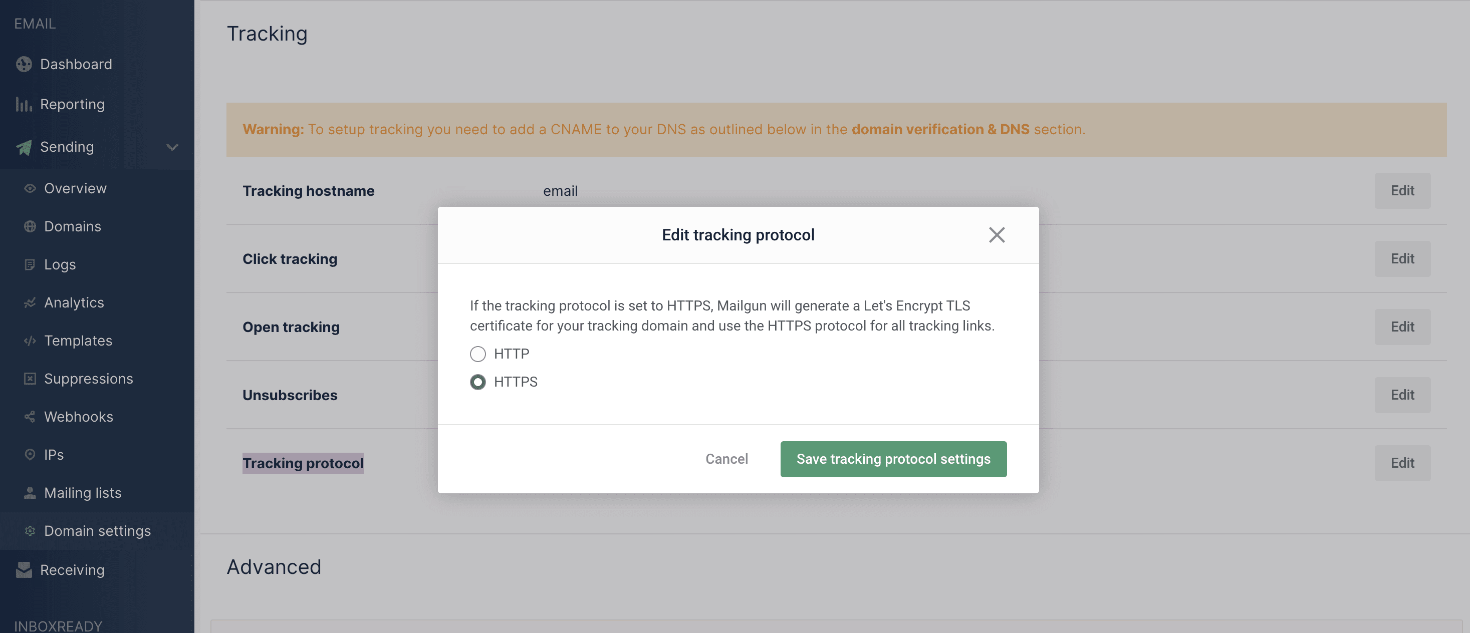 Impostazione HTTPS tracking