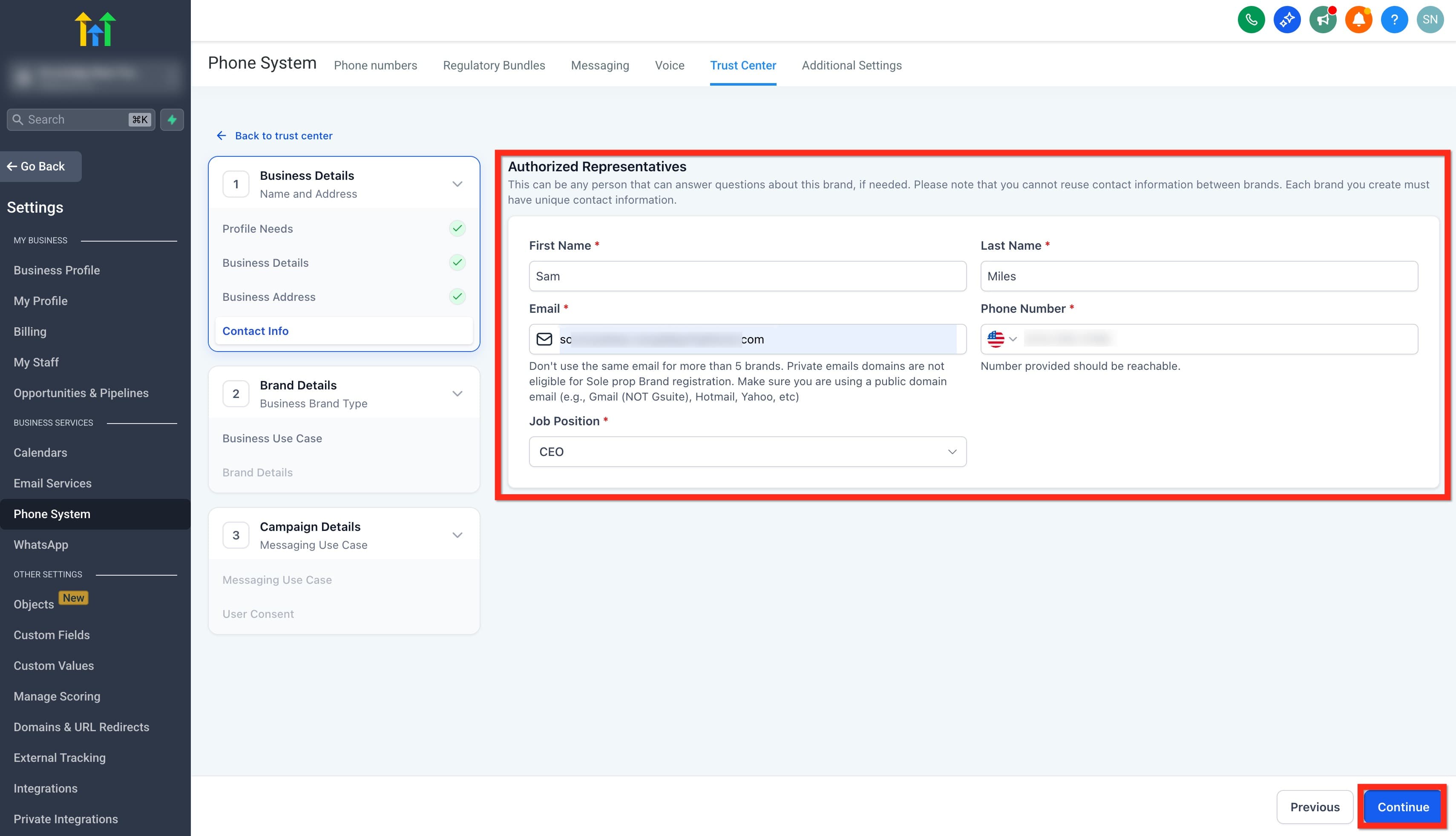 Schermata 10 — A2P - Registrazione Standard Brand per 10DLC