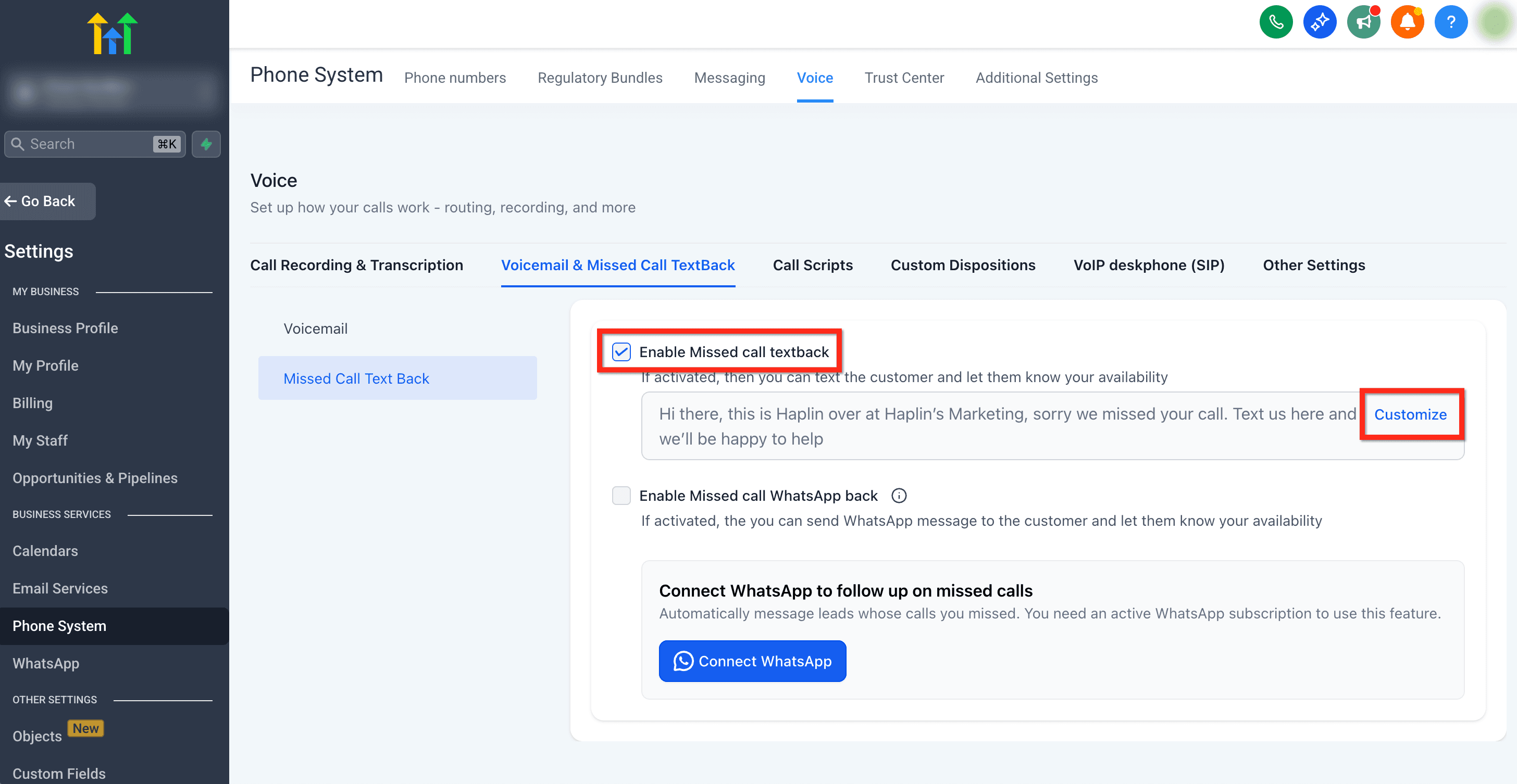 Schermata 3 — Dove e come configurare la funzione Missed Call Text Back