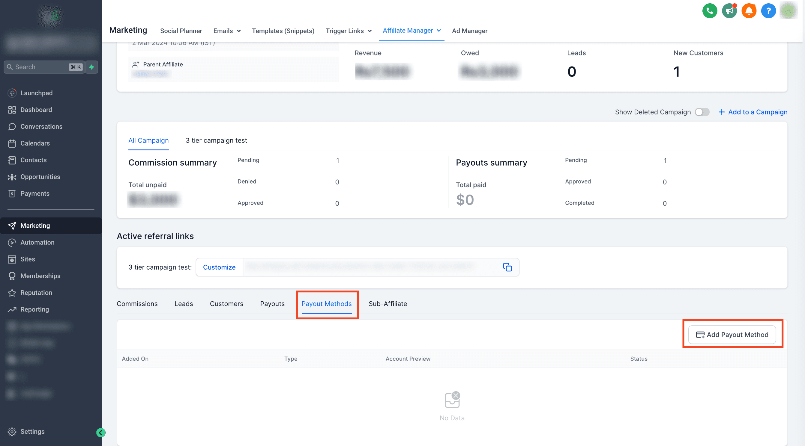 Schermata 1 — Come aggiungere/collegare un nuovo metodo di pagamento per gli Affiliati
