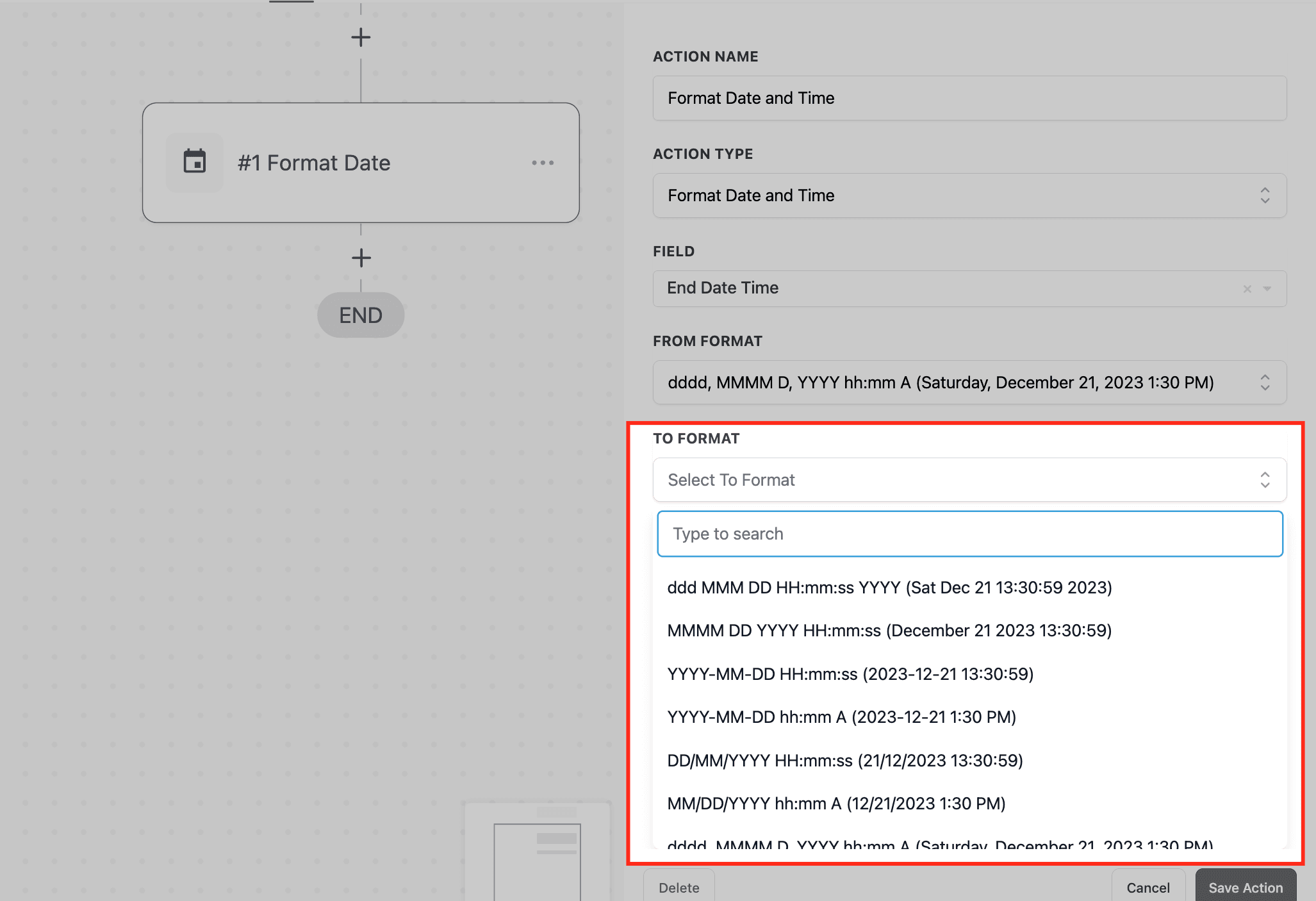 Schermata 9 — Guida all'azione Workflow Date/Time Formatter