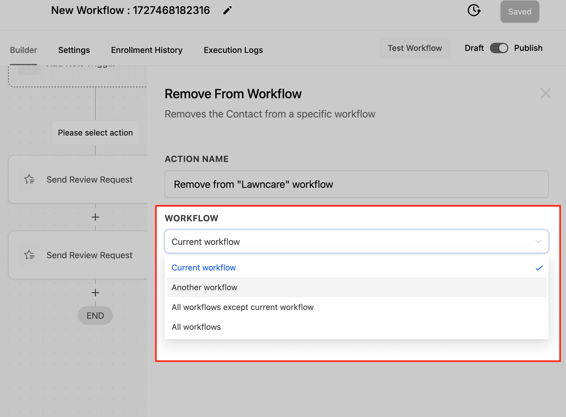 Schermata 5 — Azione Workflow - Rimuovi dal Workflow