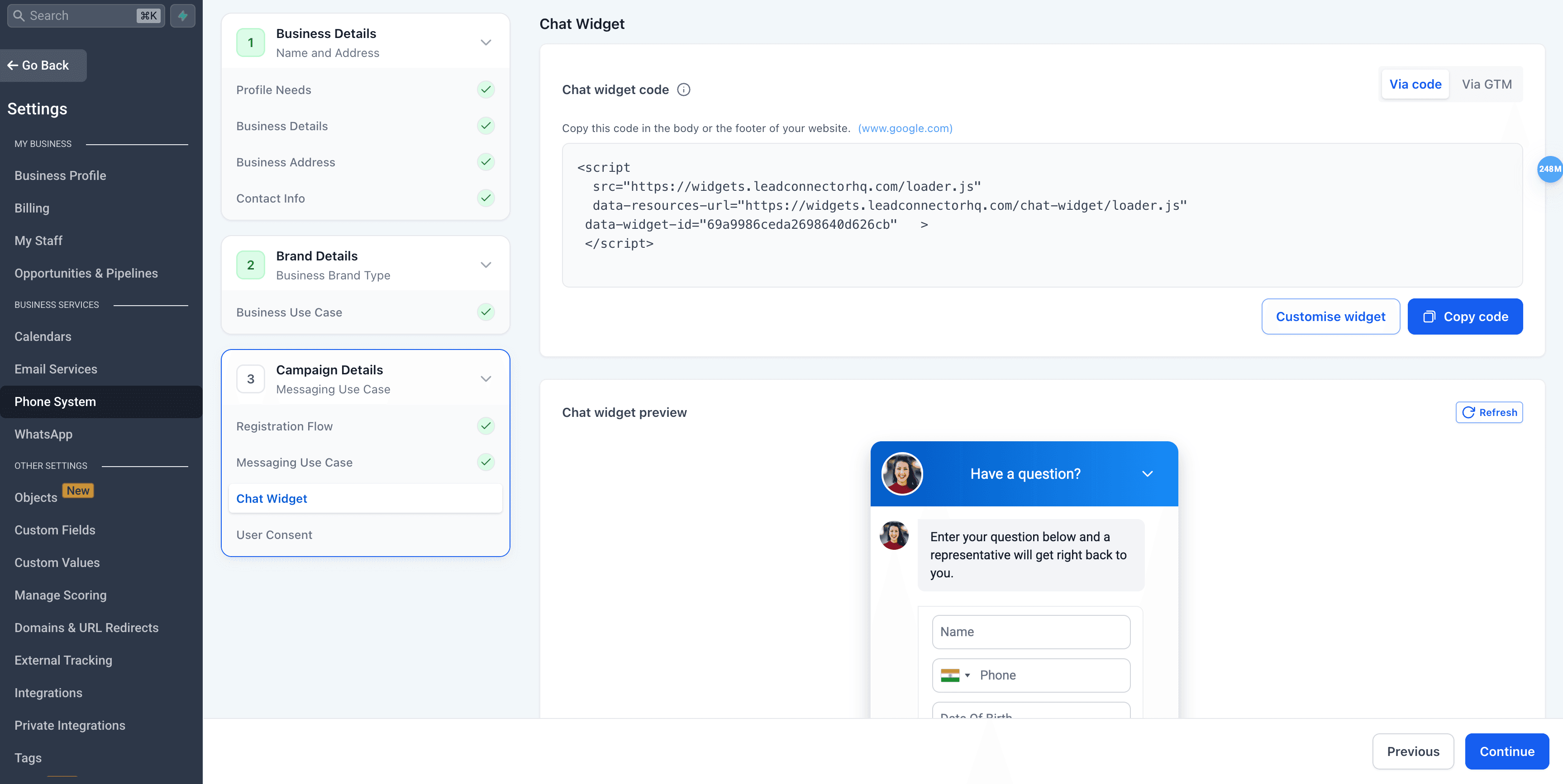 Schermata 9 — Flusso di Registrazione Campaign A2P Pre-Configurata (Widget-First)