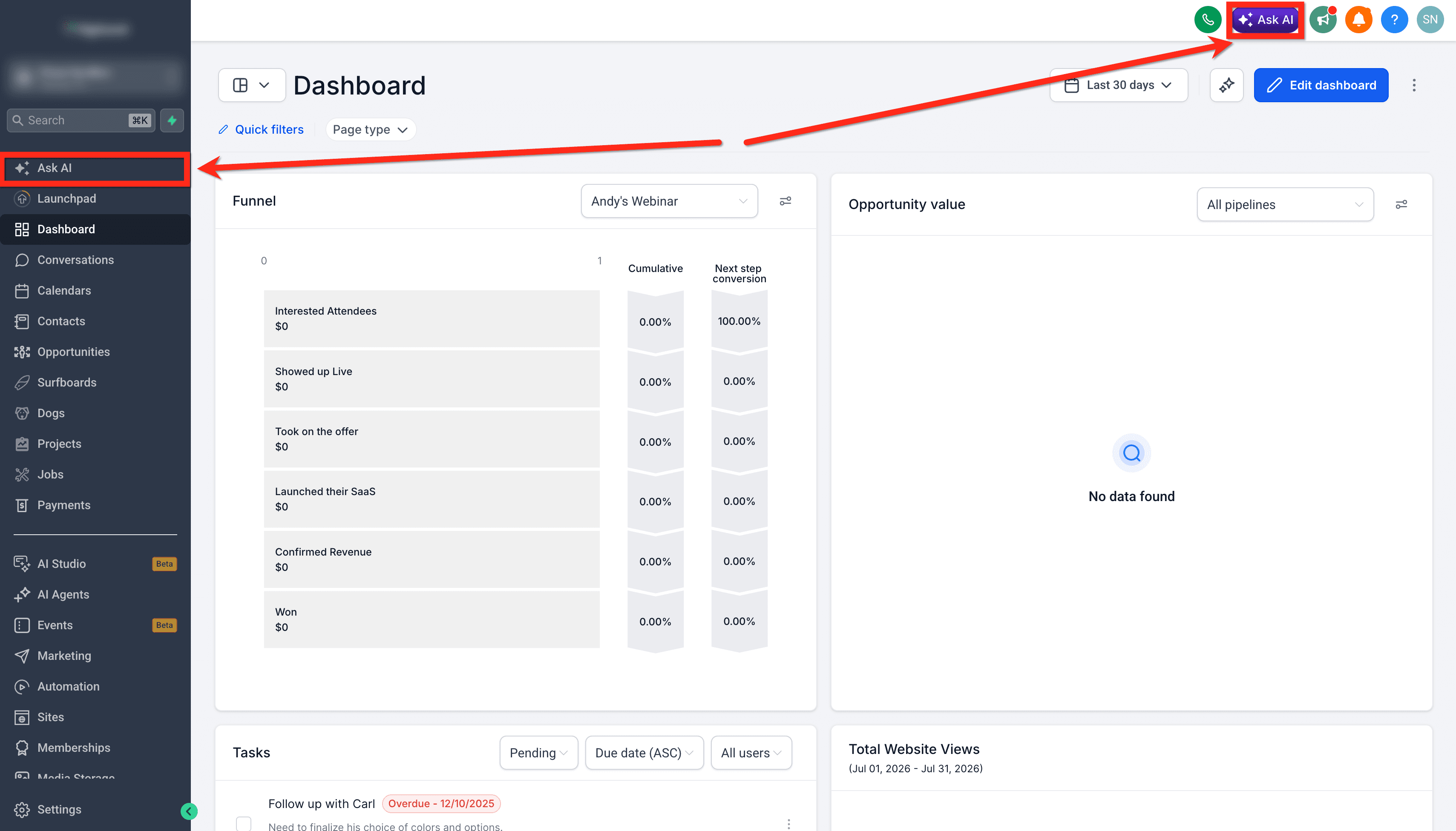 Schermata 1 — Come generare il riepilogo di un Contatto con Ask AI