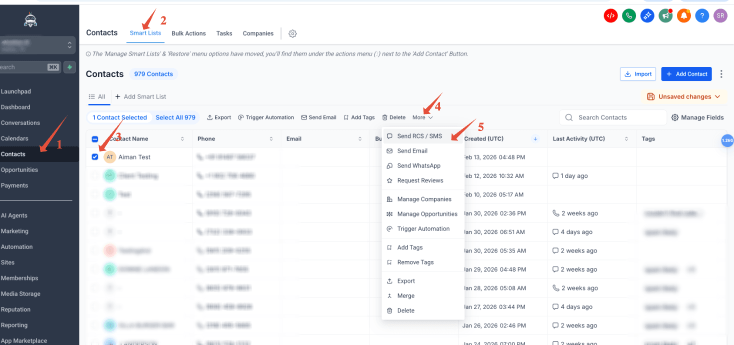 Selezione di una Smart List e scelta di Send SMS and RCS
