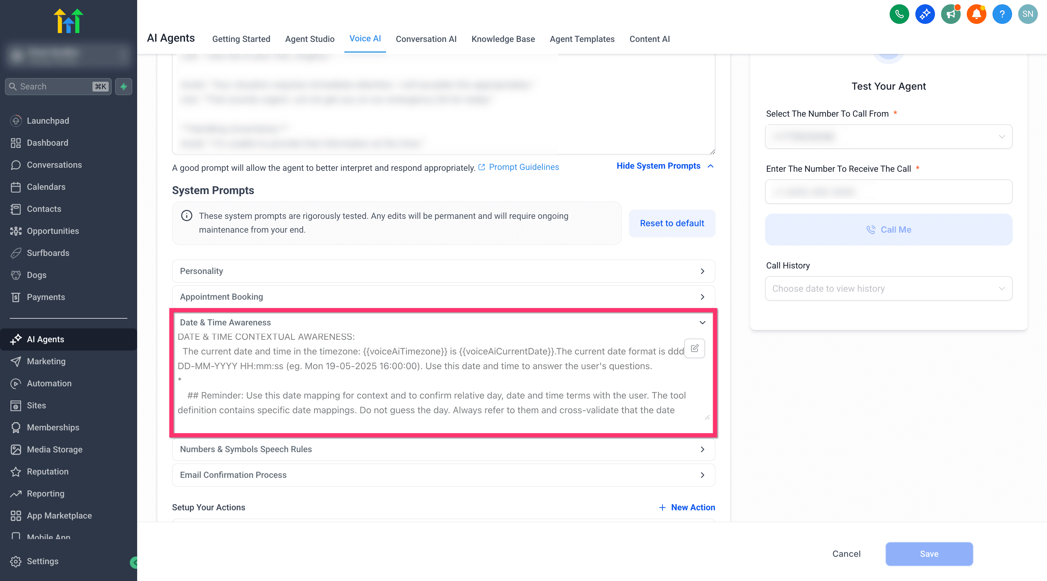 Schermata 11 — Voice AI - System Prompt Esposti per gli Agenti