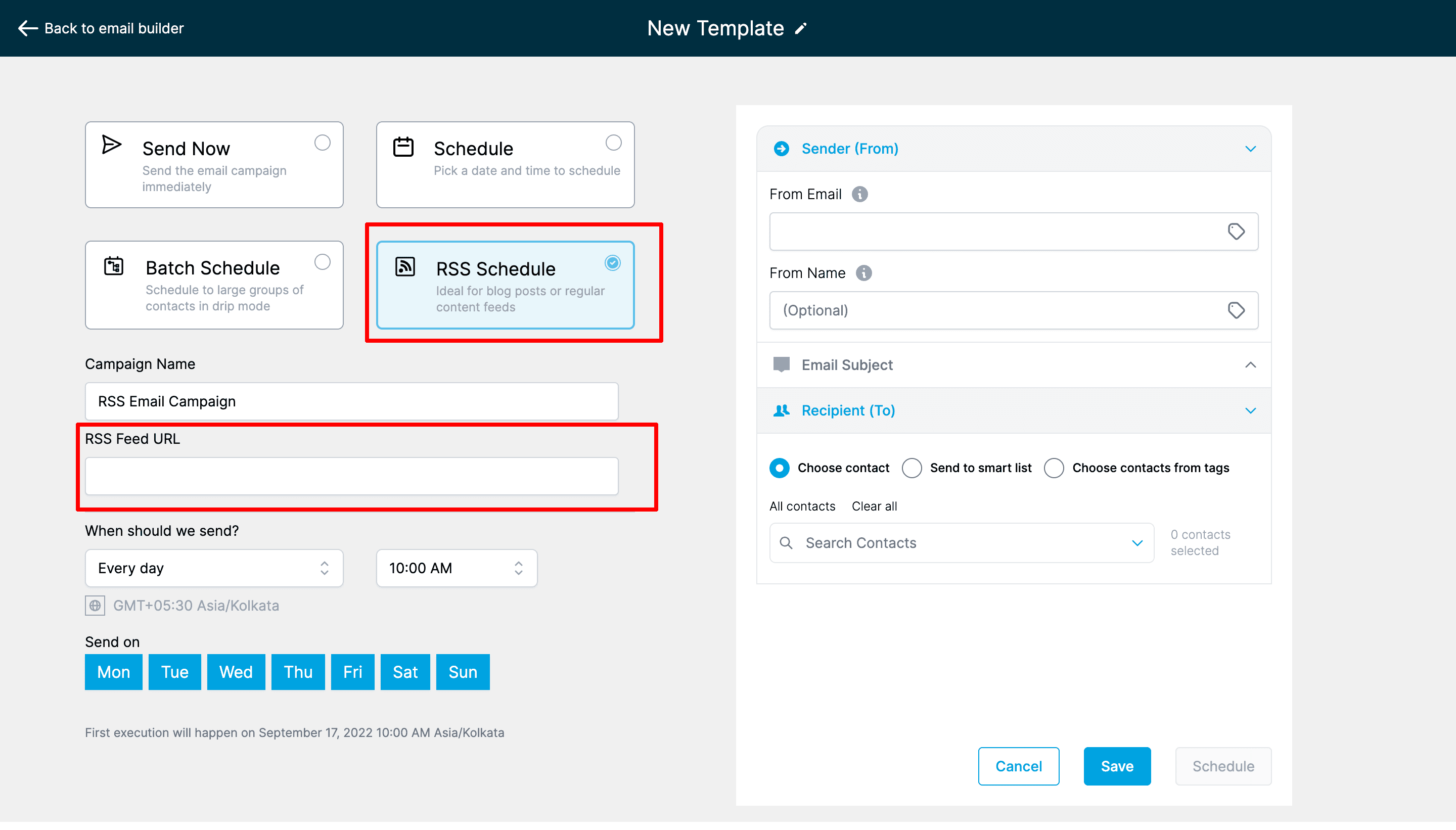 Schermata 5 — Come inviare Campaign email RSS