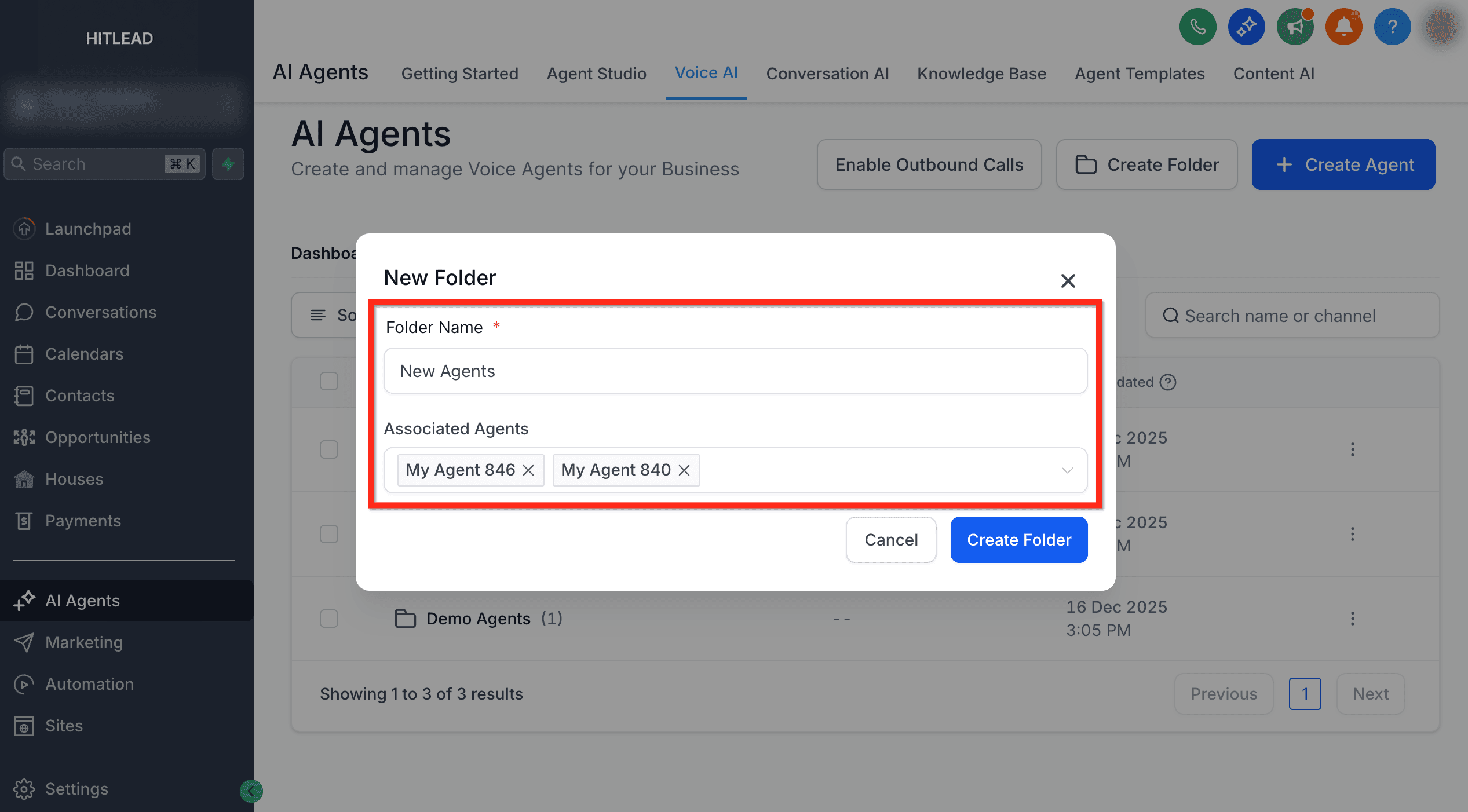 Schermata 2 — Cartelle per gli Agenti Voice AI