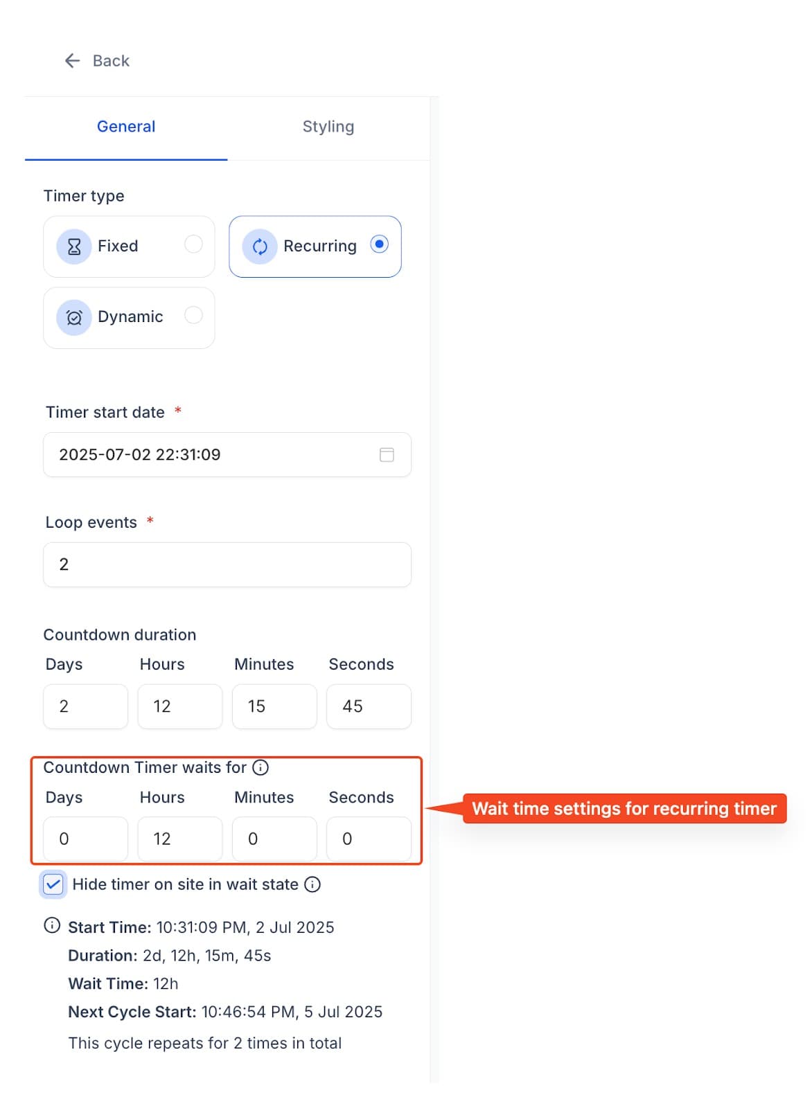 Schermata 1 — Come usare il tempo di attesa nel timer ricorrente