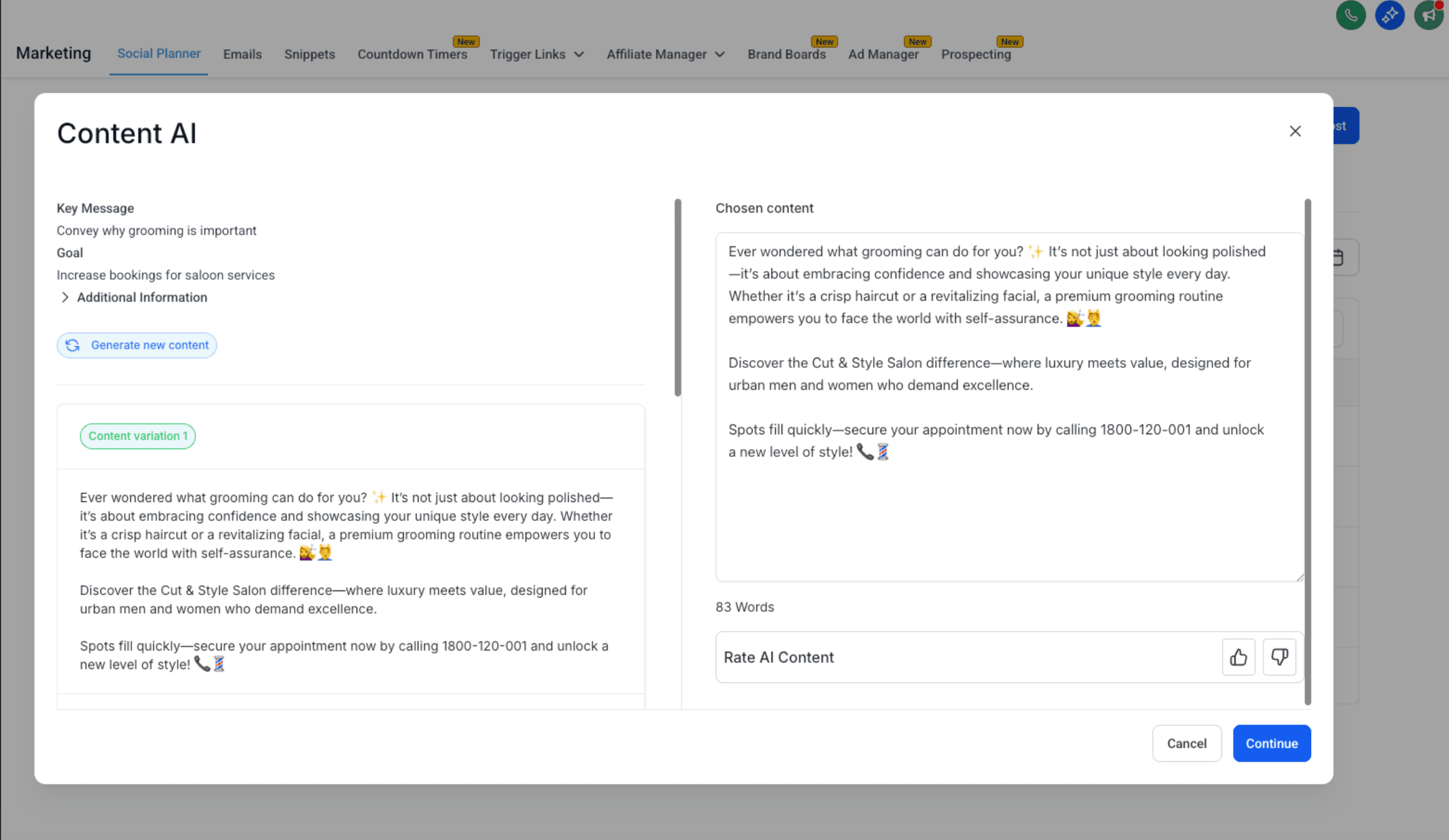 Schermata 6 — Content AI con Social Planner
