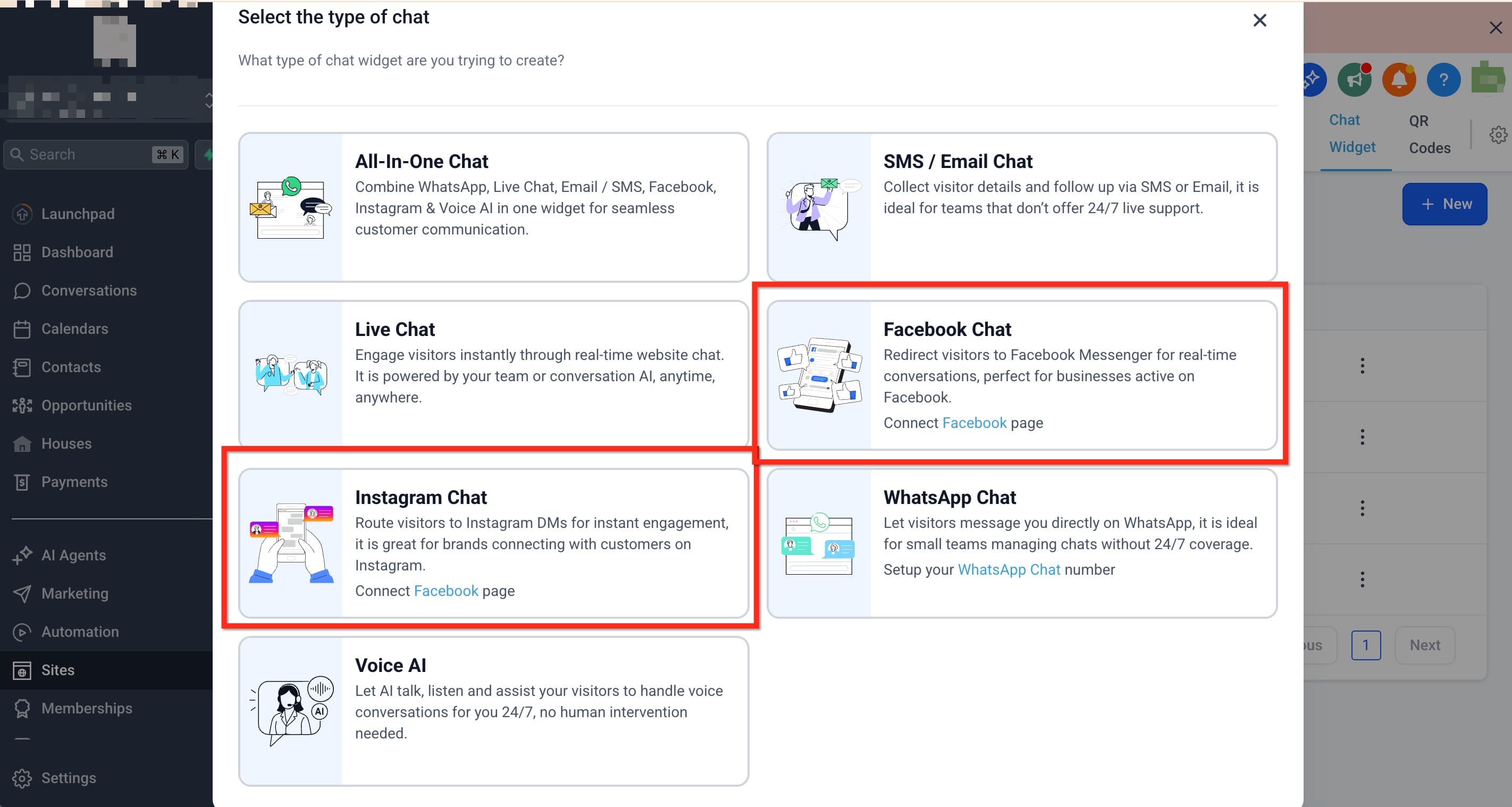 Schermata 2 — Chat Widget Facebook e Instagram