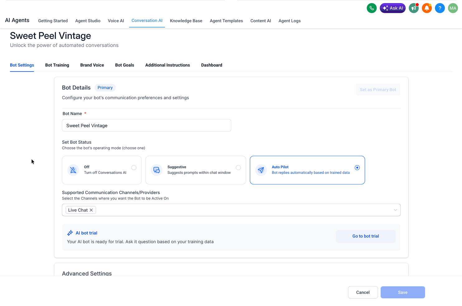 Schermata 3 — Supporto Canale Email per Conversation AI