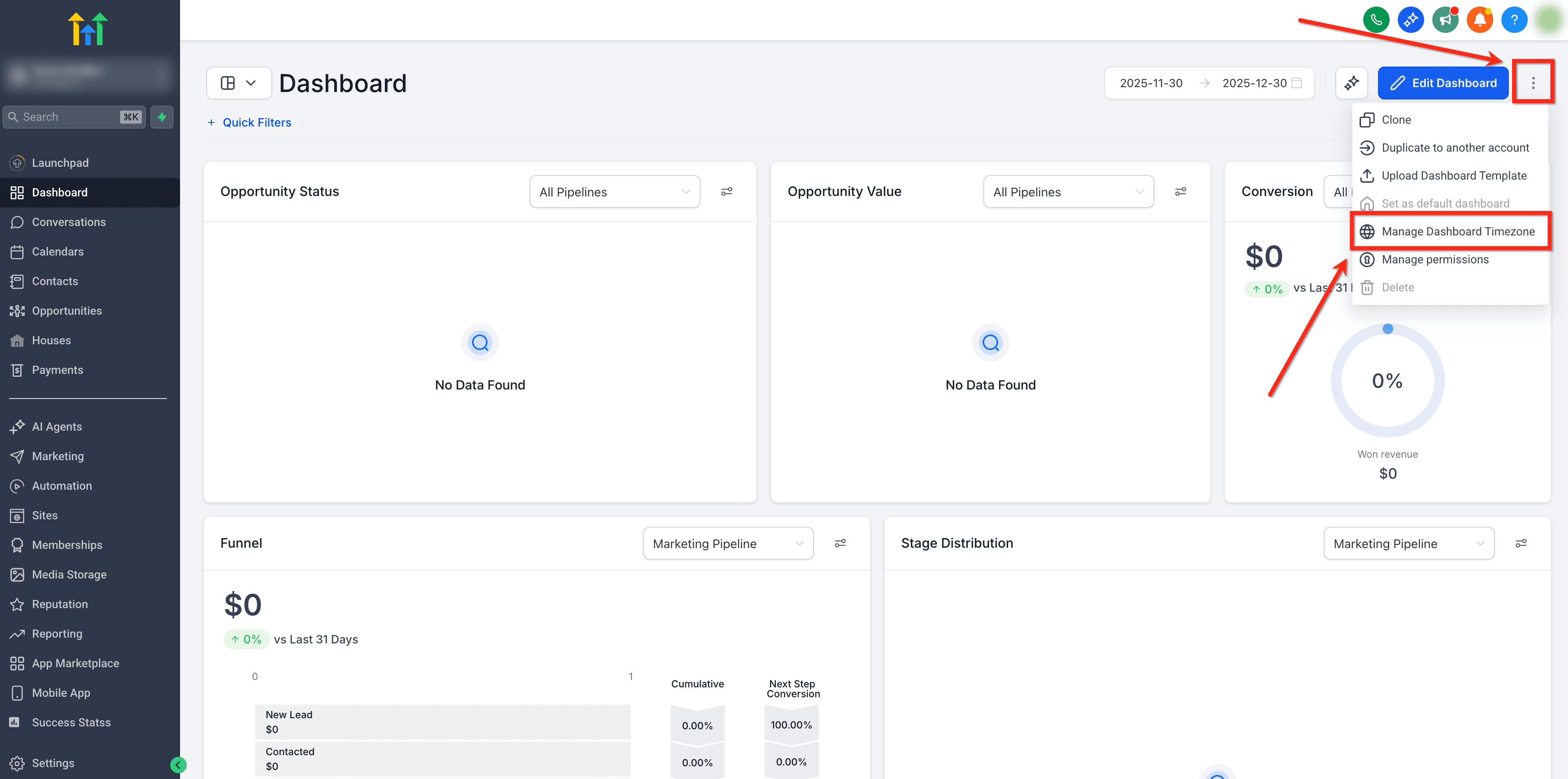 Schermata 2 — Come cambiare il fuso orario per una Dashboard (Utente connesso)
