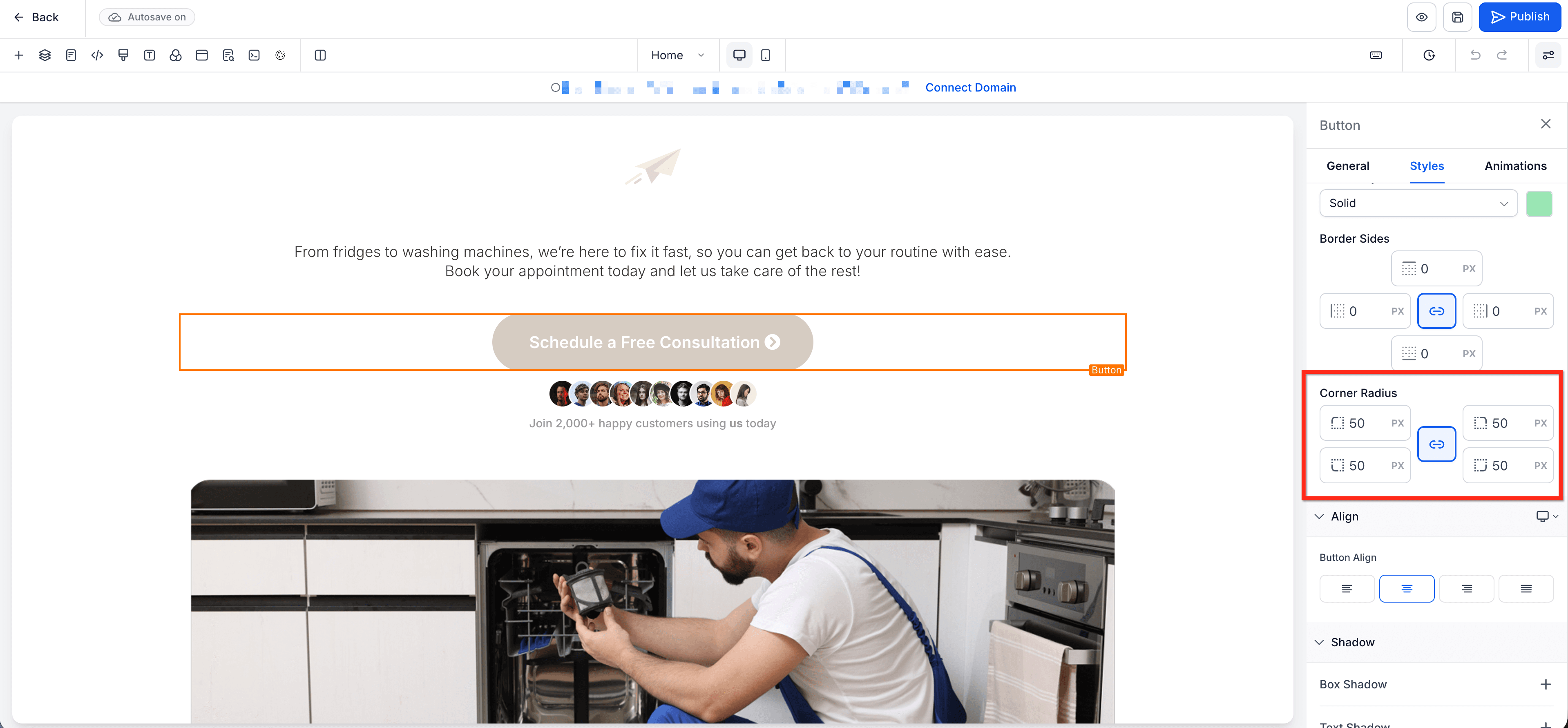 Schermata 5 — Controllo Bordi nel Page Builder