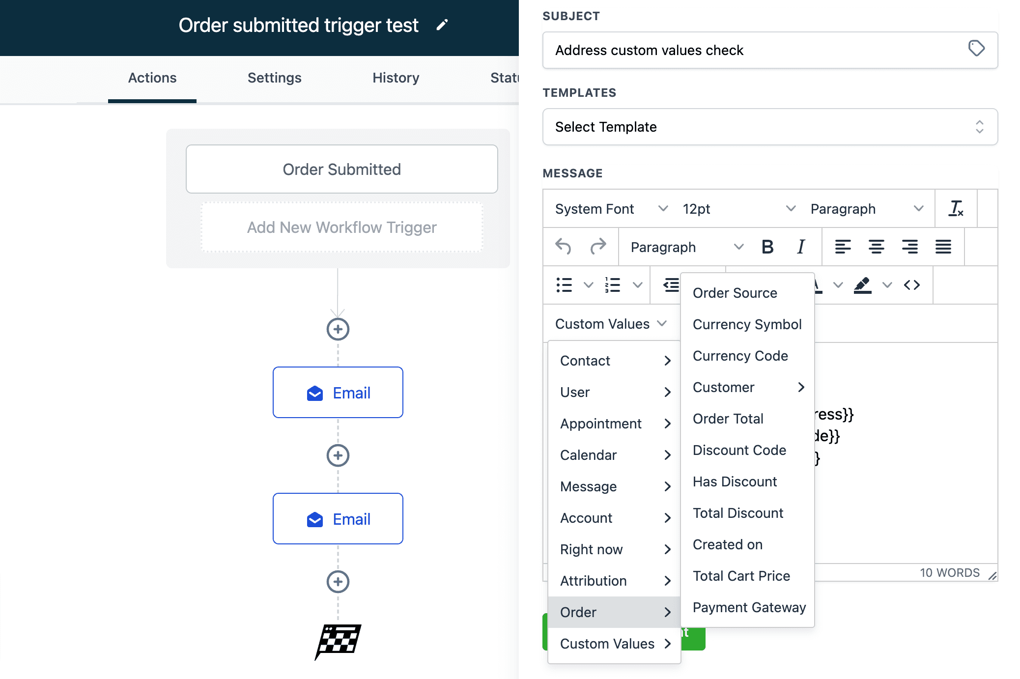 Schermata 5 — Trigger Workflow - Order Submitted