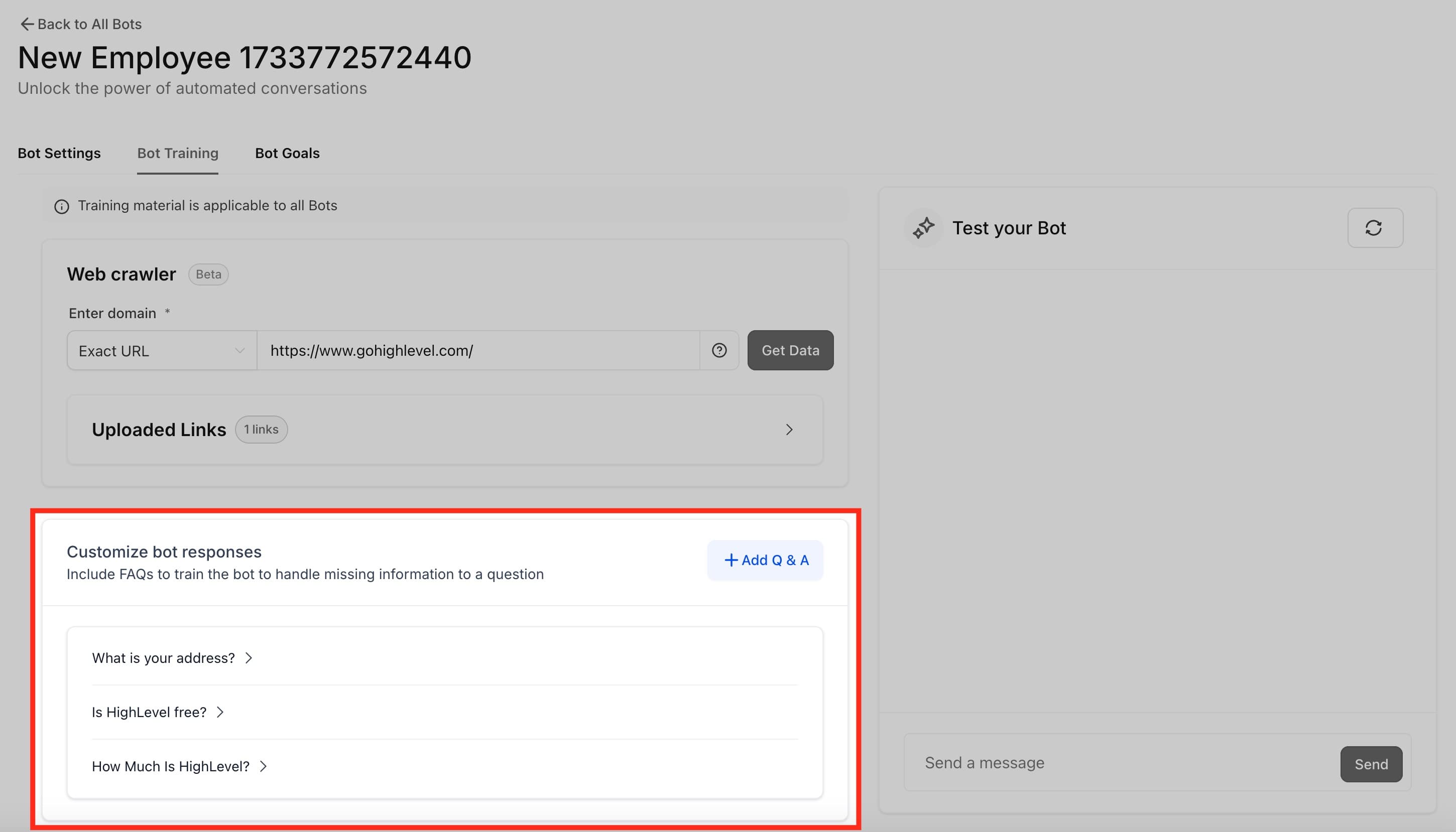 Schermata 9 — Addestrare il tuo bot Conversation AI