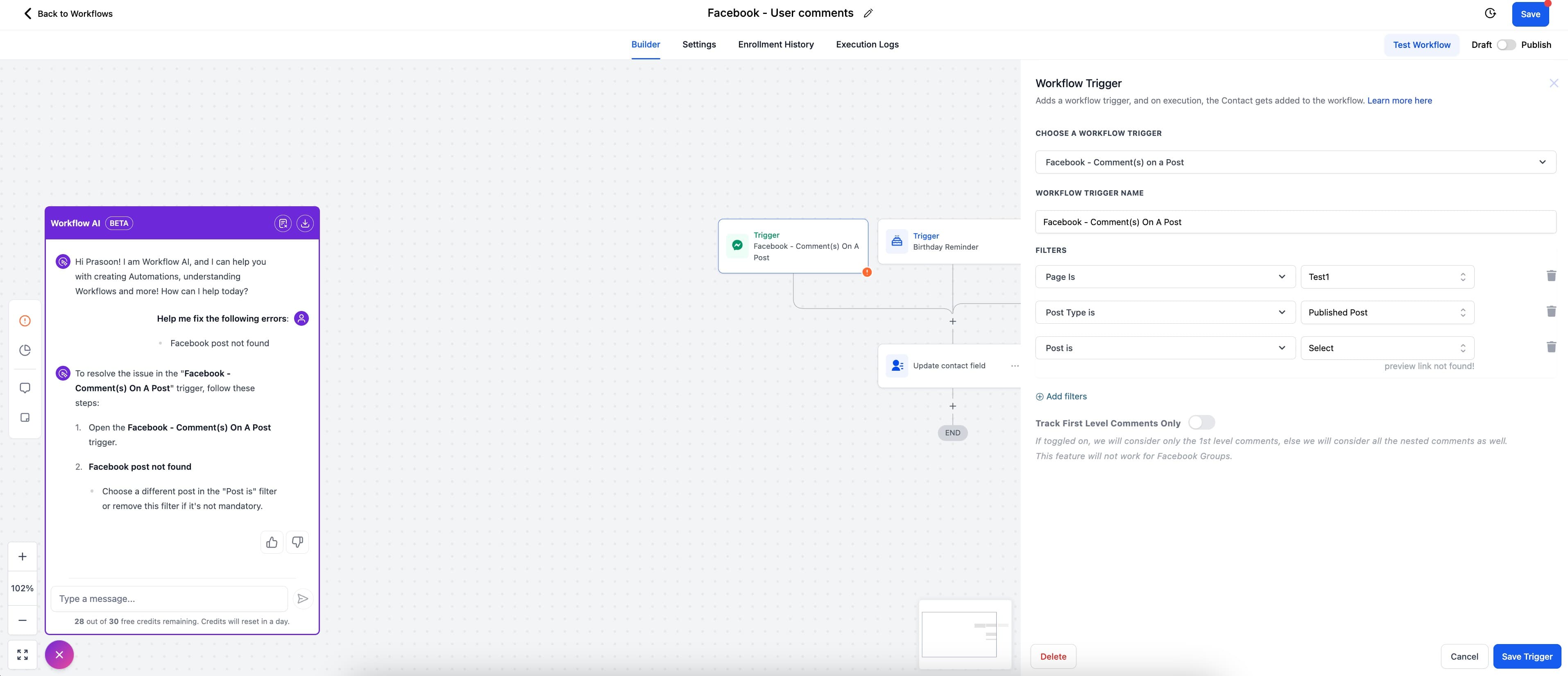 Schermata 5 — Evidenziazione e risoluzione degli errori in un Workflow