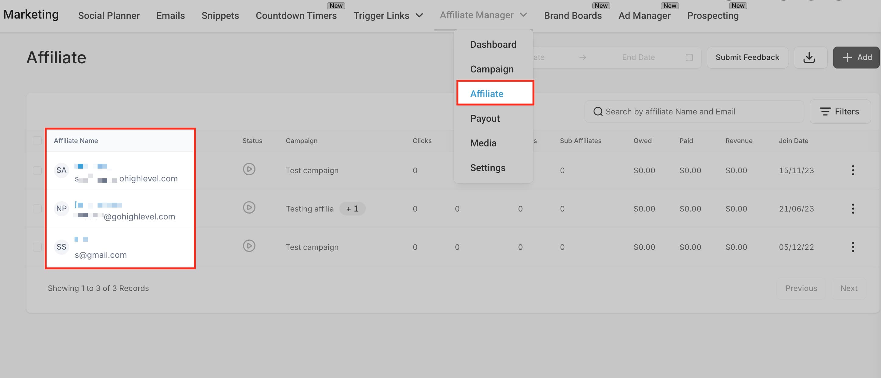 Schermata 2 — Affiliate Manager Sub Account: Azioni Collettive per le Commissioni degli Affiliati