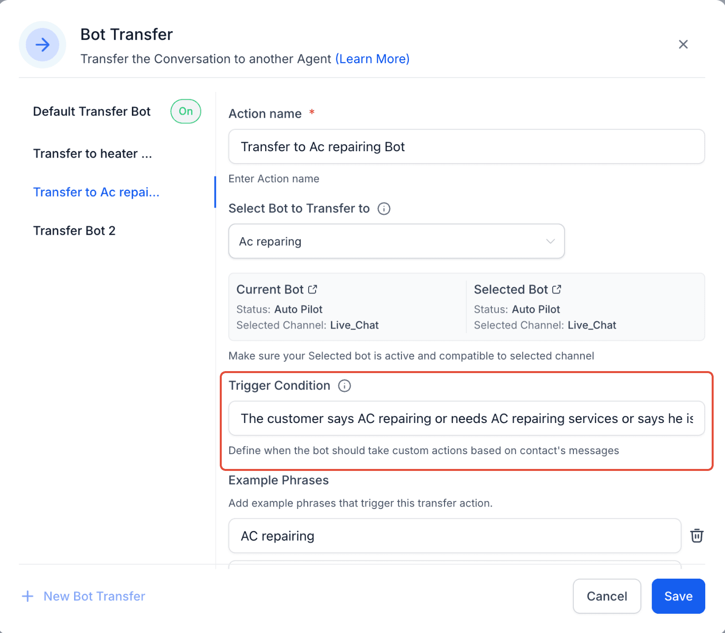 Schermata 6 — Conversation AI - Azione Transfer Bot