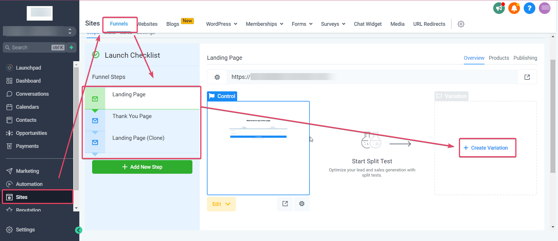 Schermata 1 — Split Testing nei Funnel