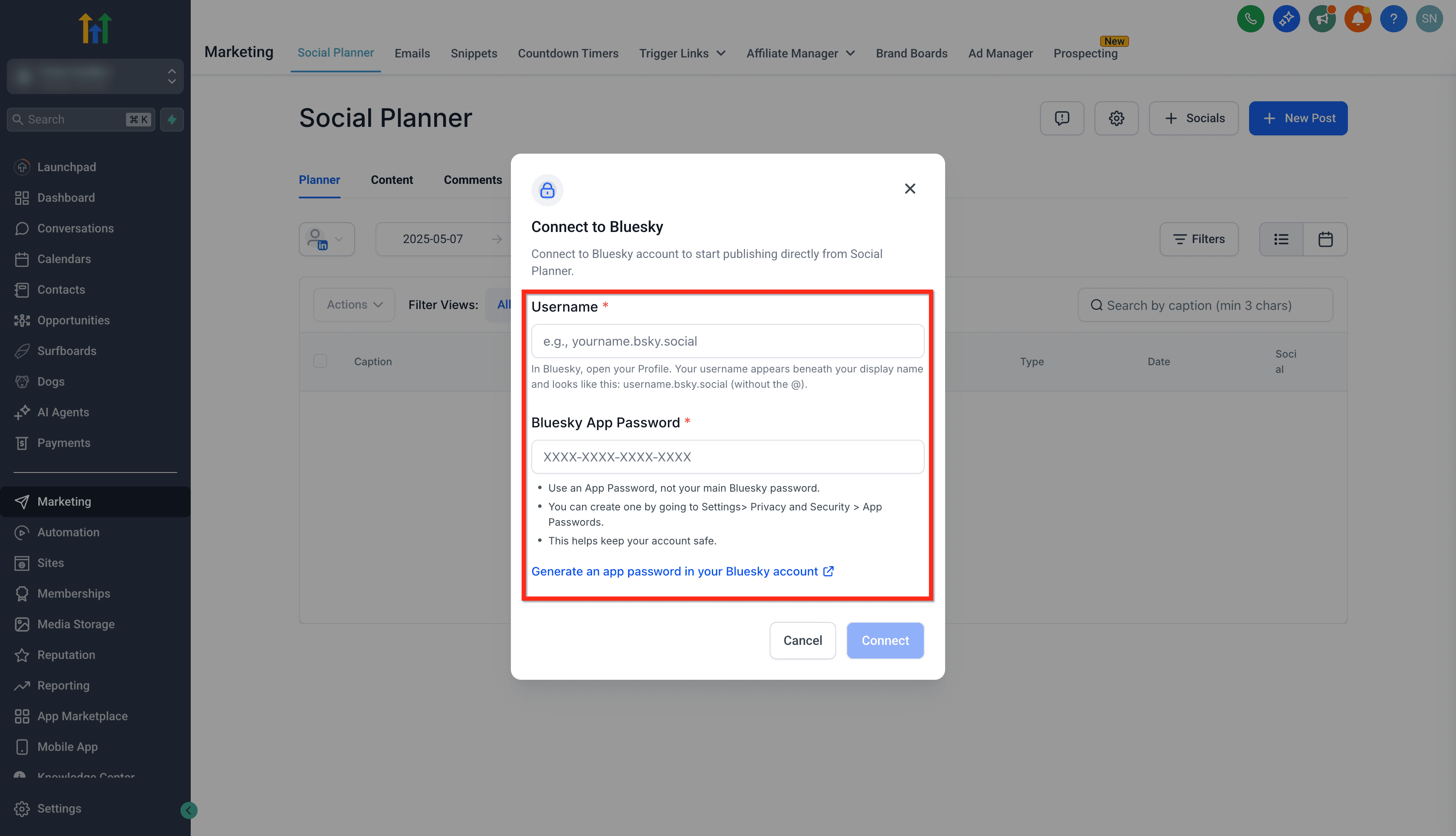 Schermata 6 — Social Planner - Integrazione Bluesky