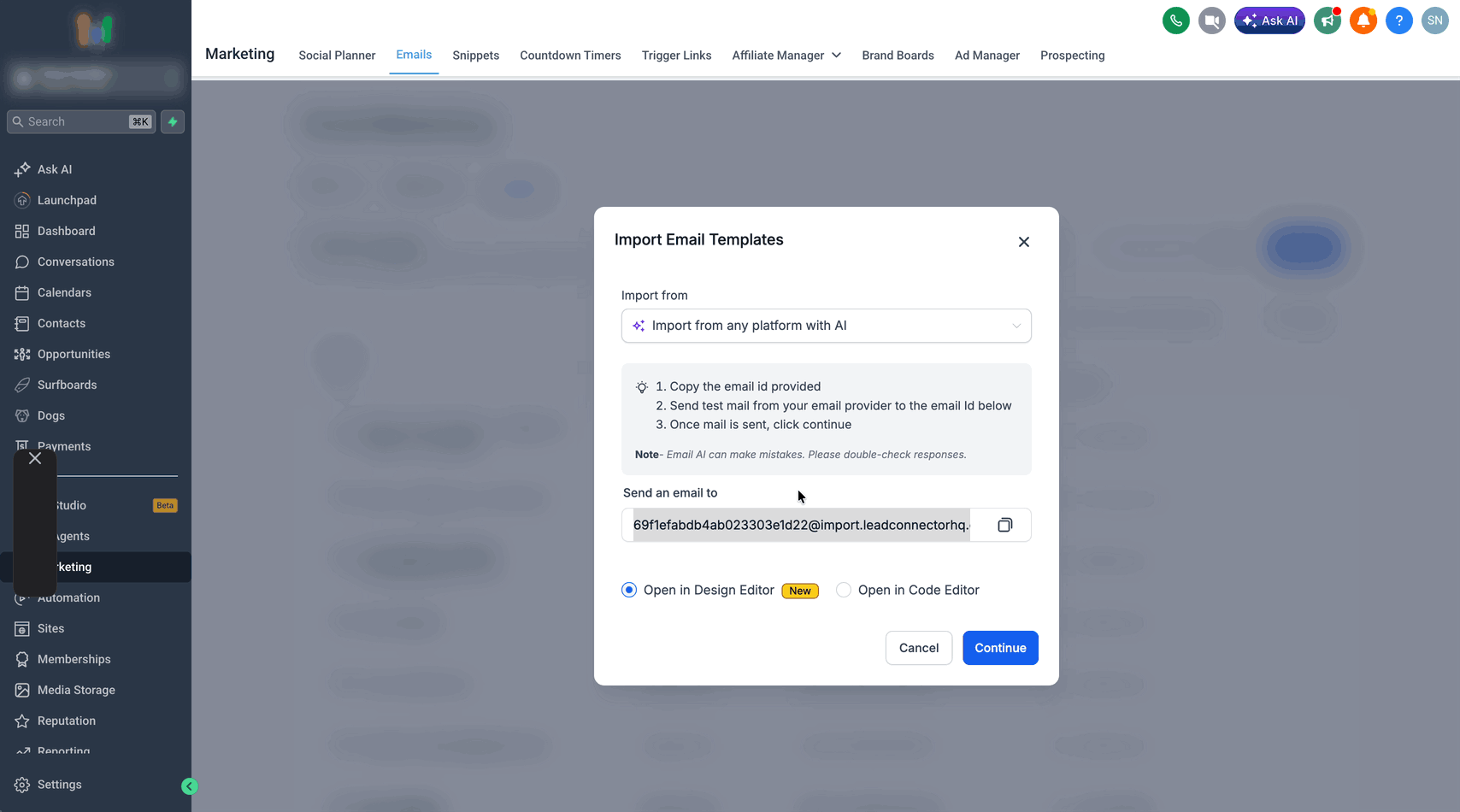 Schermata 6 — Come importare email da qualsiasi piattaforma con Email AI