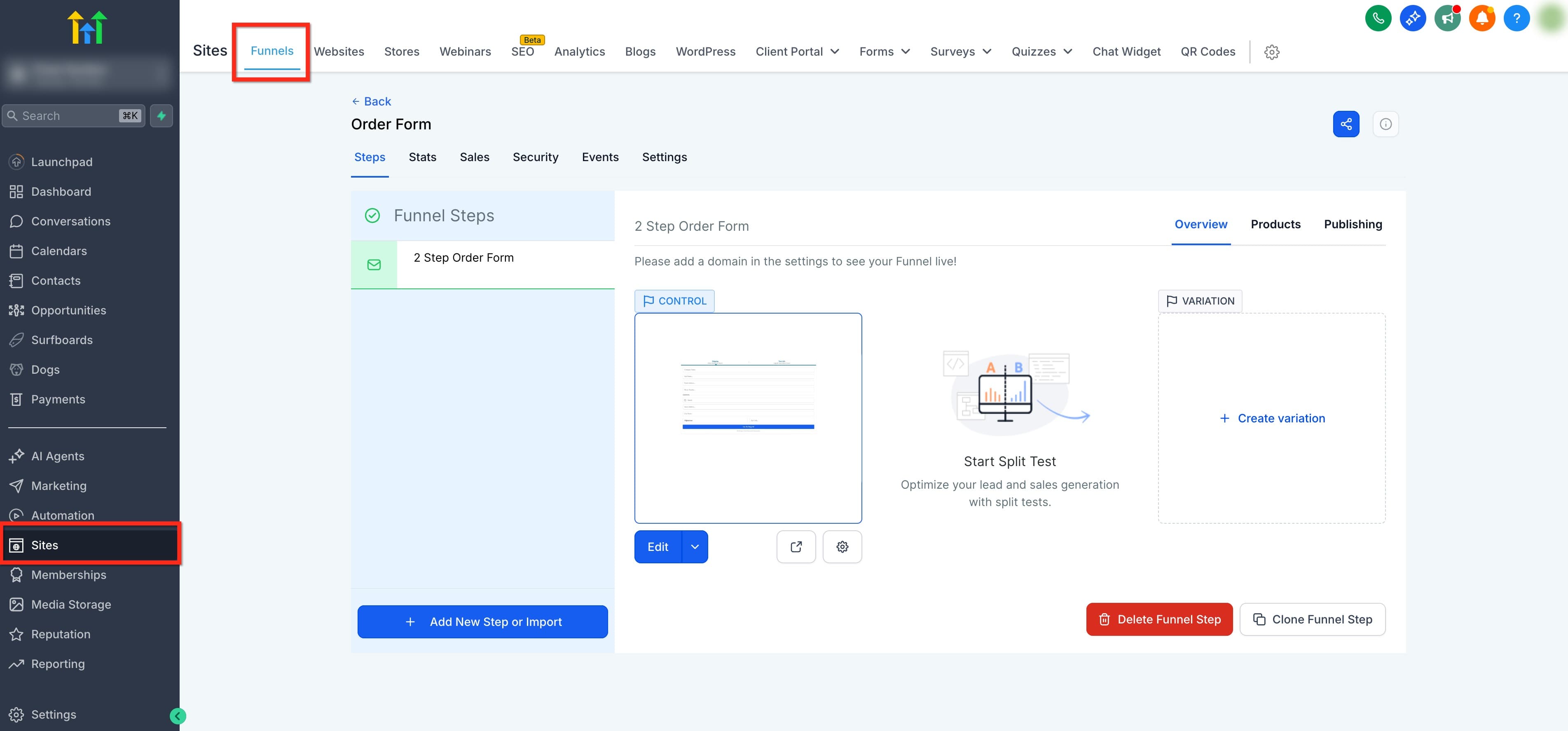 Schermata 6 — Come Aggiungere un Form d'Ordine in Due Passaggi a un Funnel