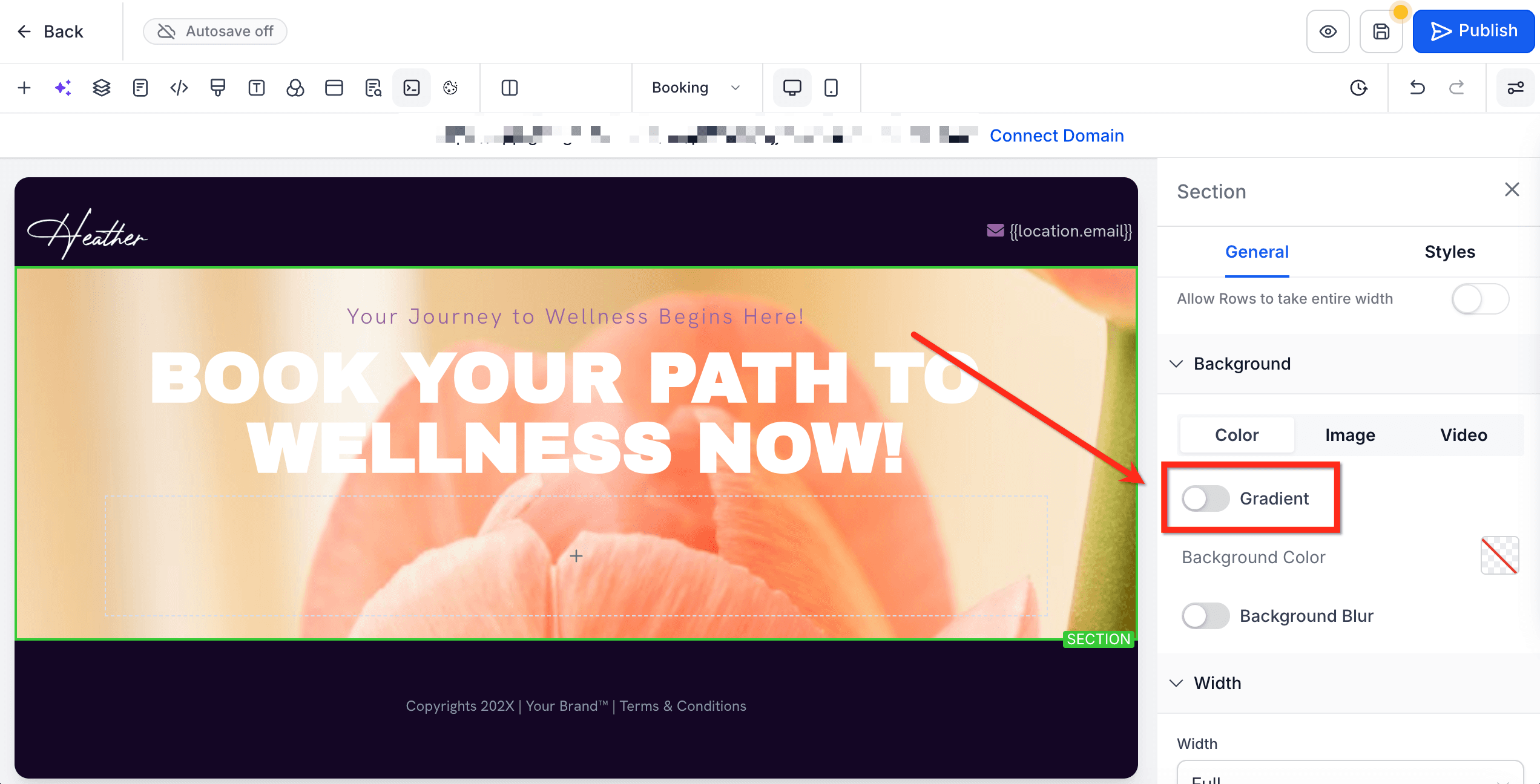 Schermata 6 — Gradienti e Sfocatura dello Sfondo nel Page Builder