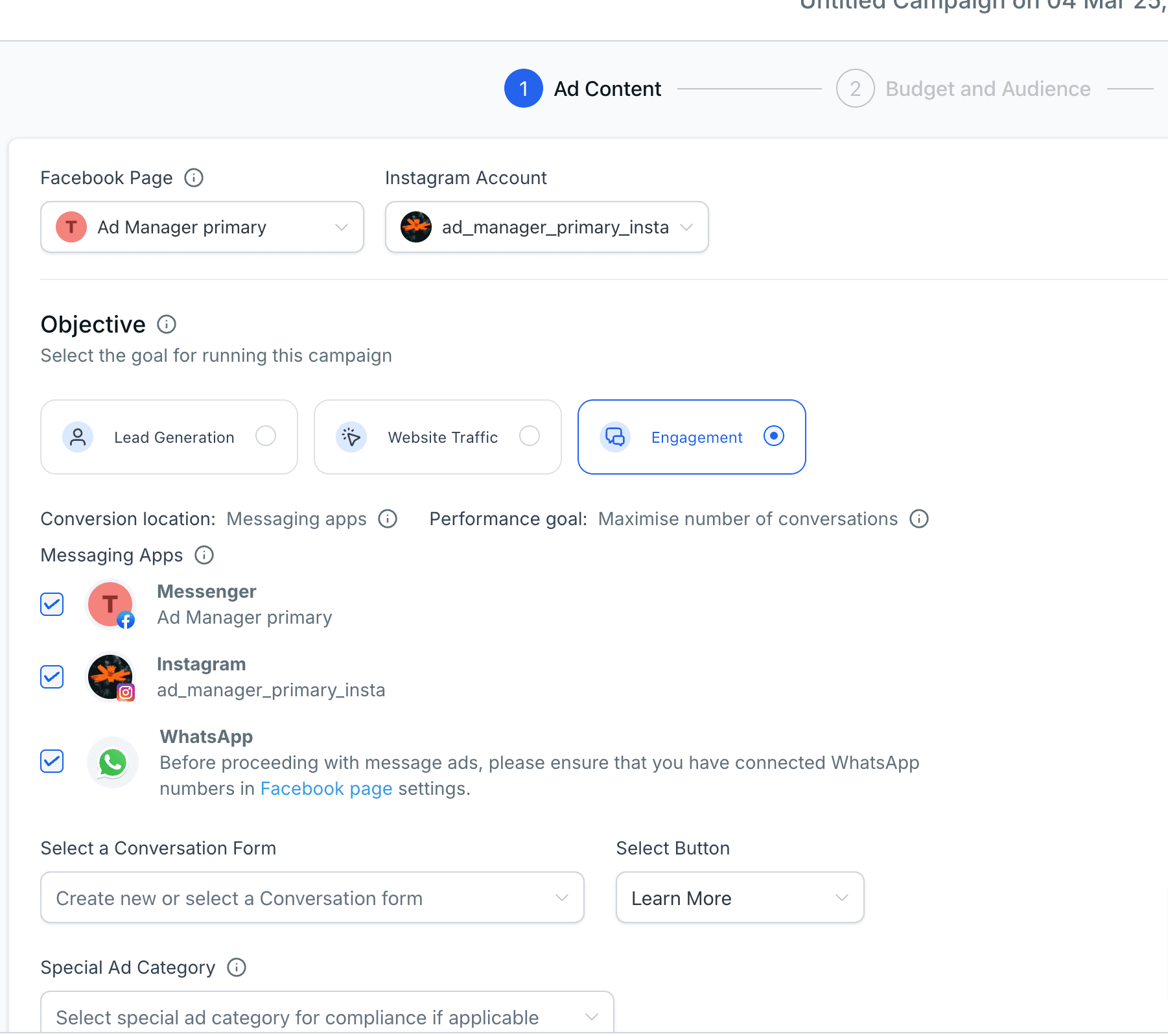 Schermata 3 — Come creare un annuncio Meta Click to Direct (CTX) per l'Engagement