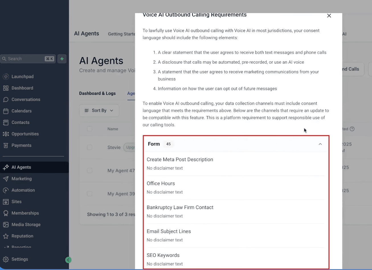 Schermata 3 — Controlli di Conformità per le Chiamate Outbound Voice AI