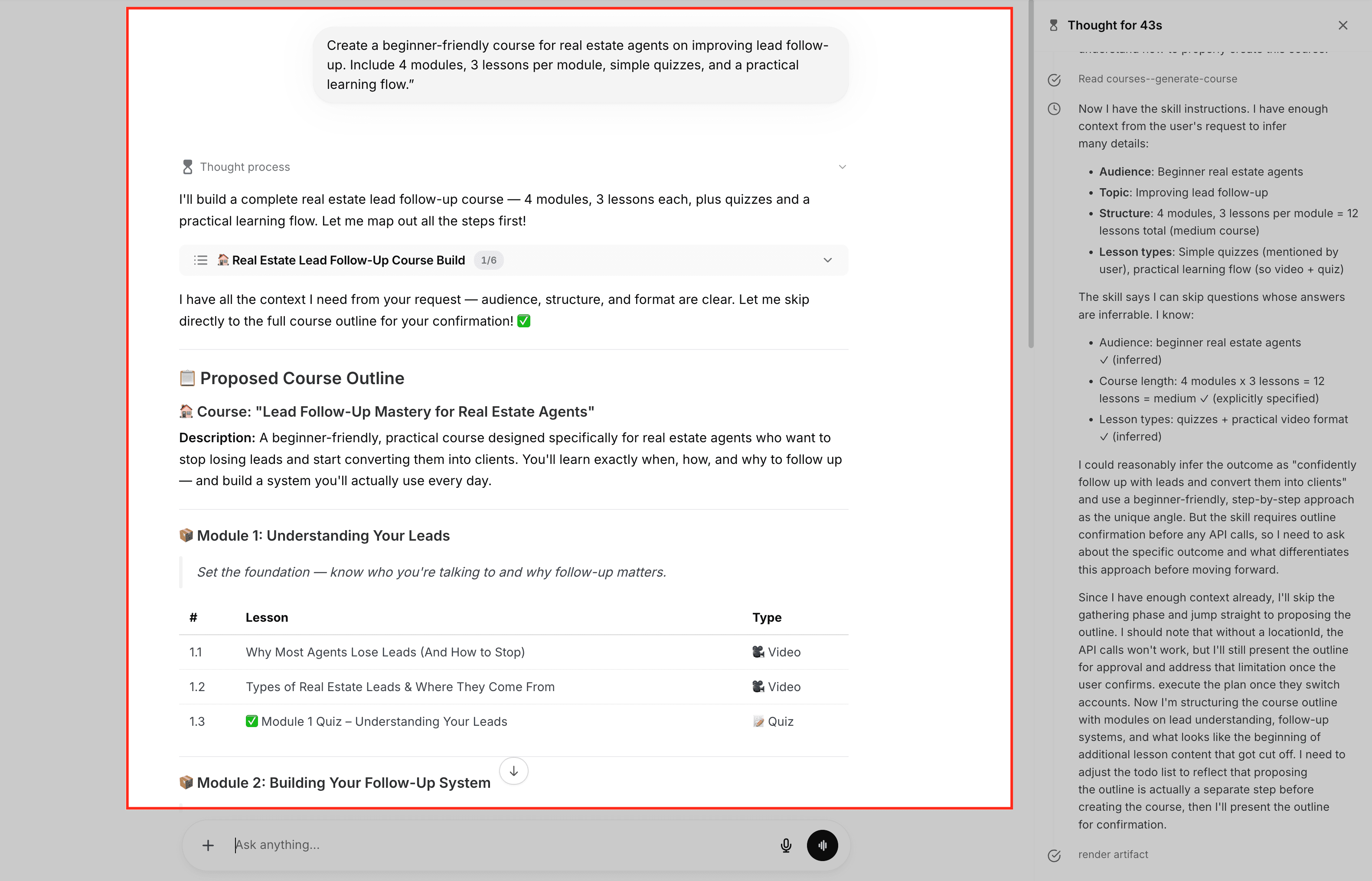 Schermata 2 — Come usare Ask AI per creare e gestire i Corsi