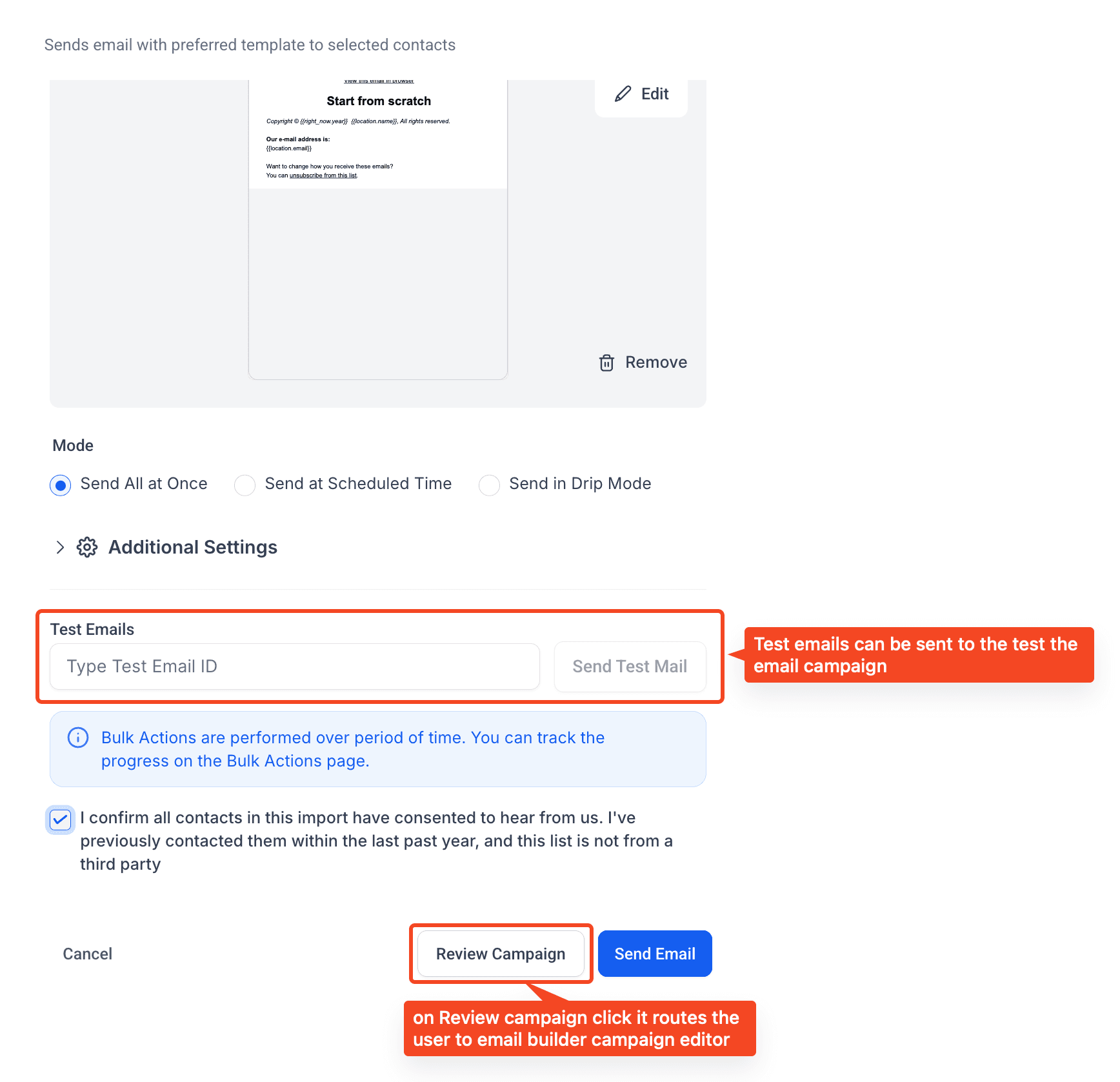 Schermata 3 — Nuova UI per la creazione di email tramite Bulk Action nei Contatti