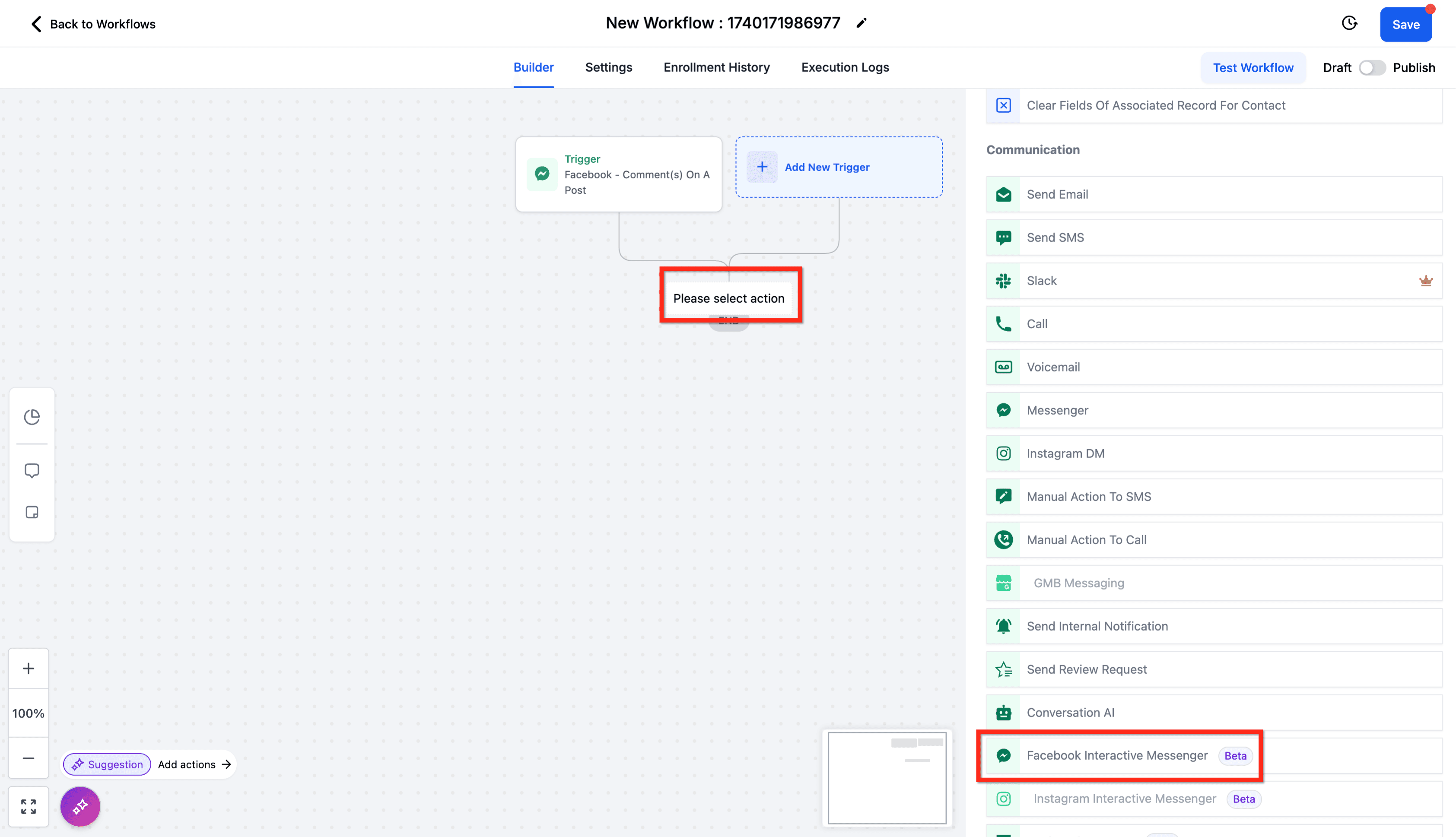 Schermata 2 — Azione Workflow - Facebook Interactive Messenger