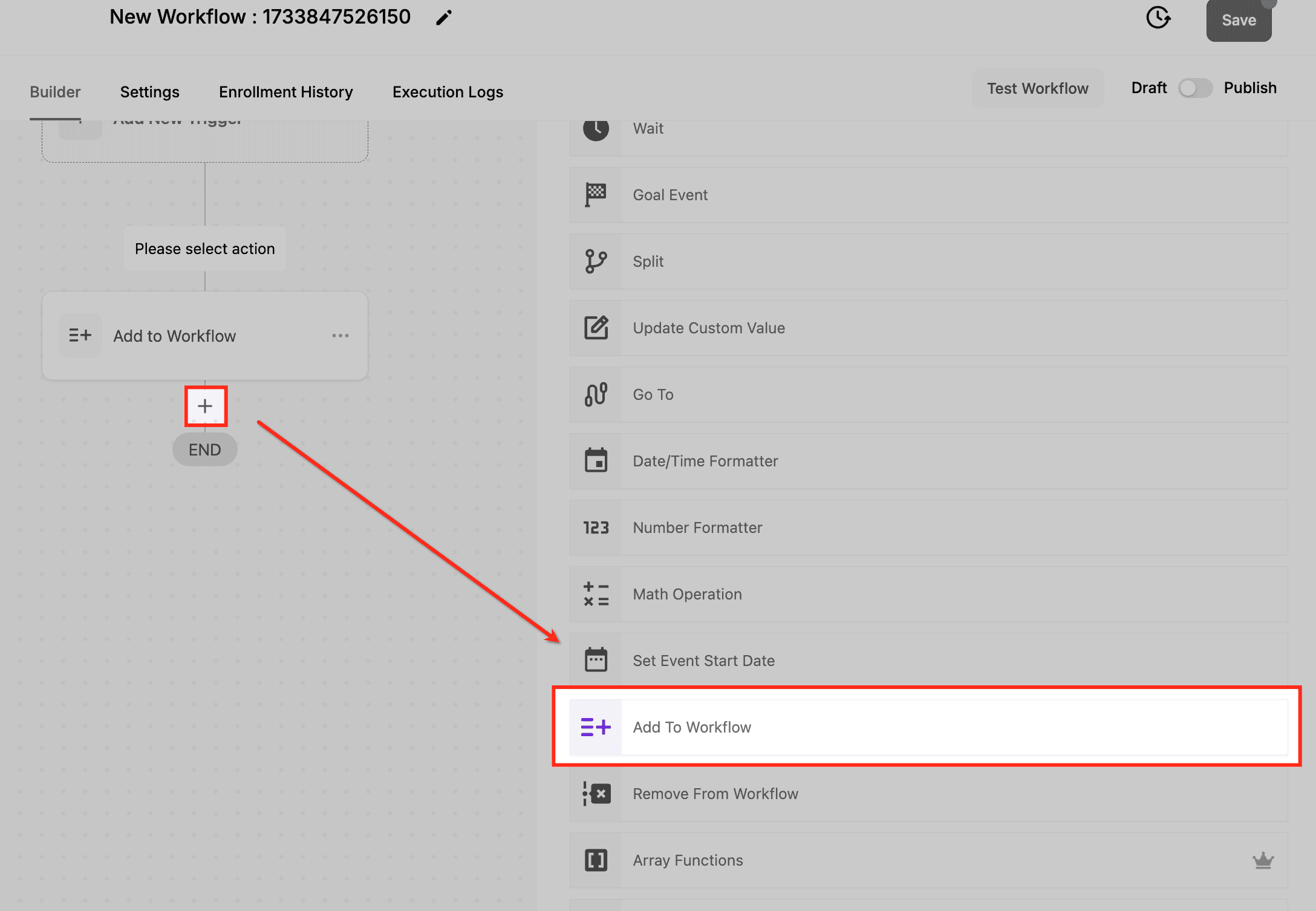 Schermata 3 — Azione - Aggiungi al Workflow -> Azione Workflow: Aggiungi al Workflow