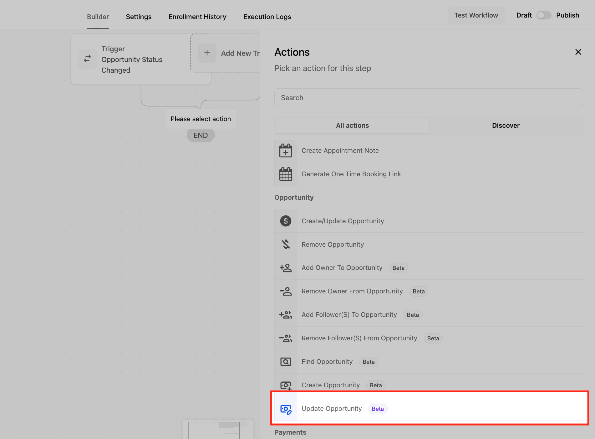 Schermata 4 — Azione Workflow - Aggiorna Opportunità