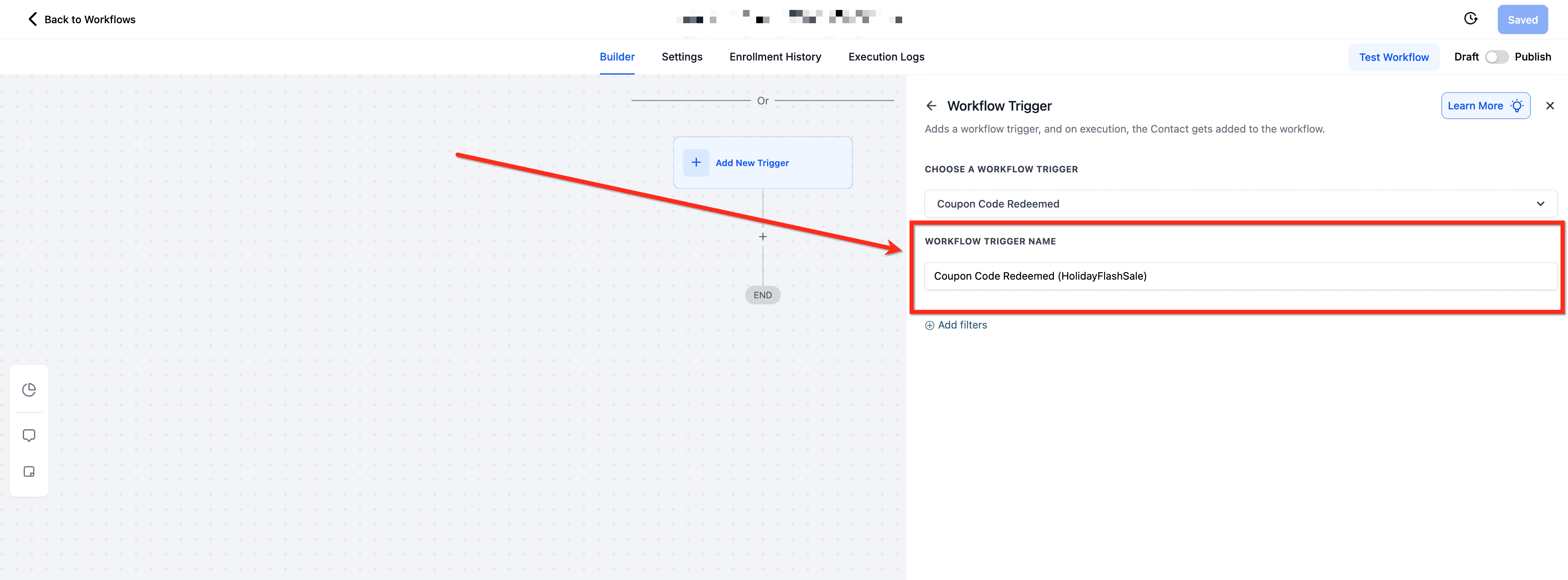 Schermata 3 — Workflow Trigger - Codice Coupon Riscattato