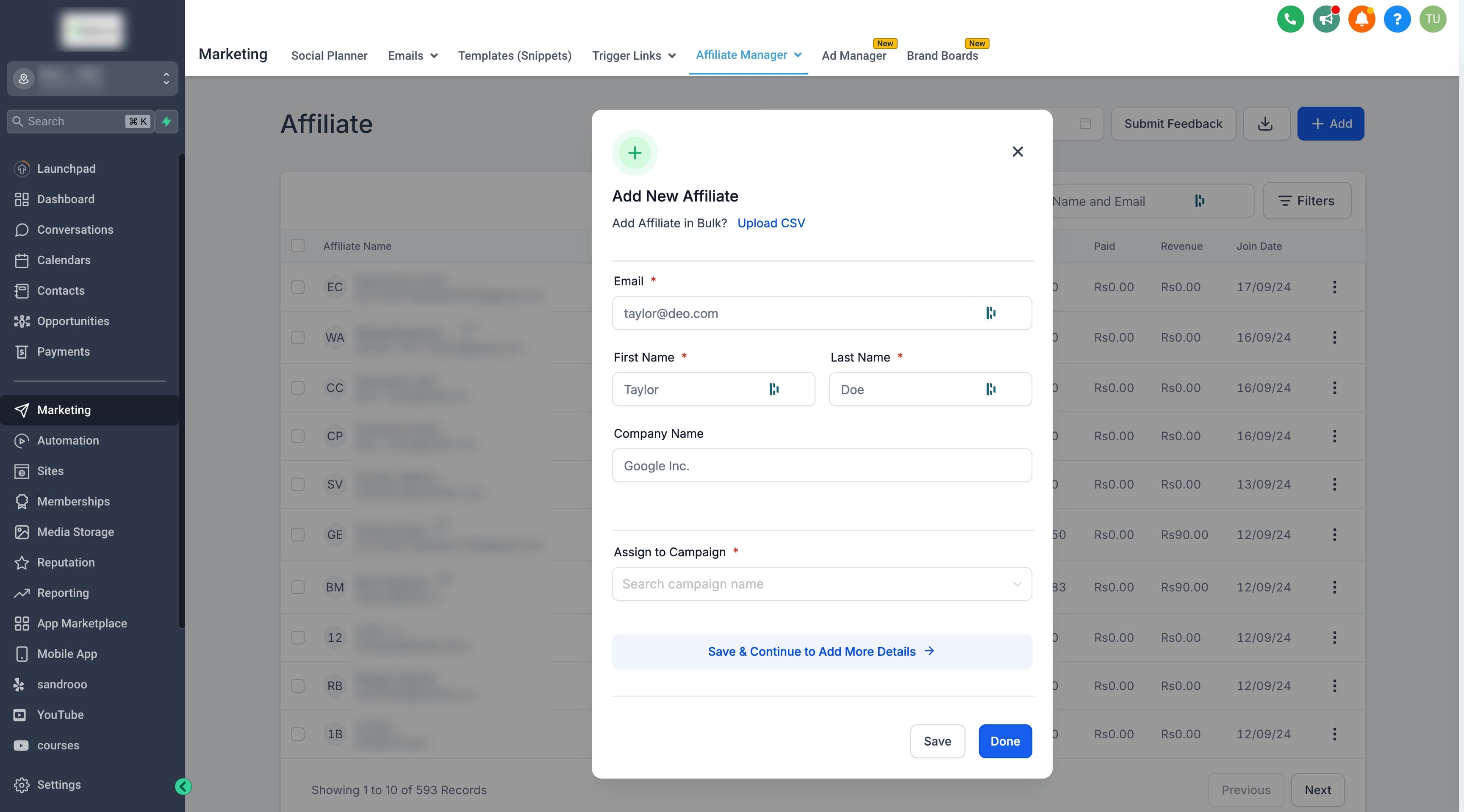 Schermata 5 — Come aggiungere affiliati nell'Affiliate Manager