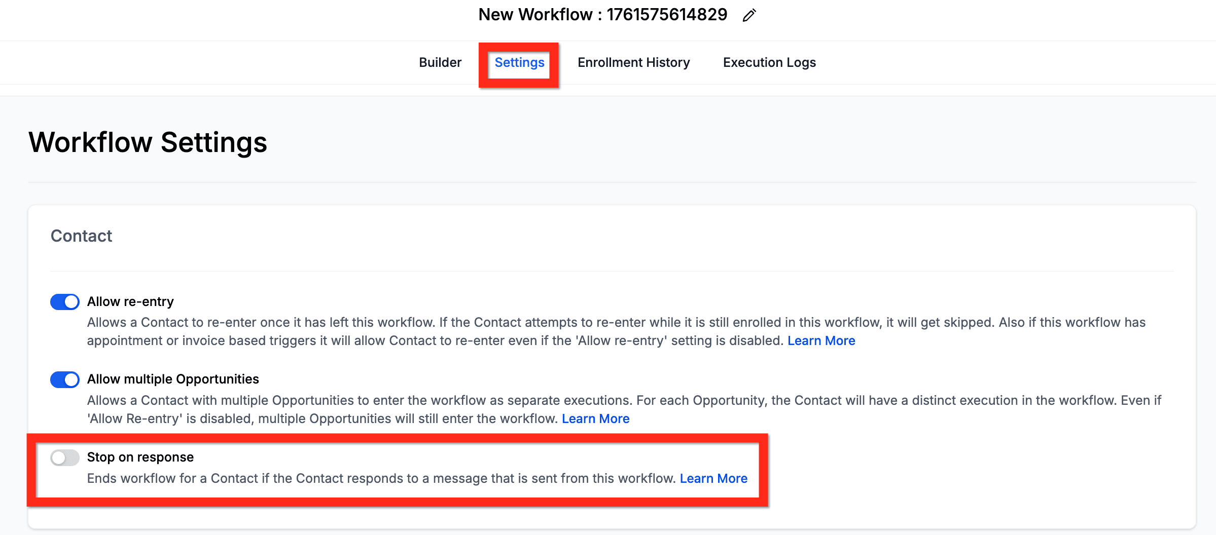 Schermata 1 — Workflow: Impostazione Stop on Response e Call Action Disable Voicemail Detect