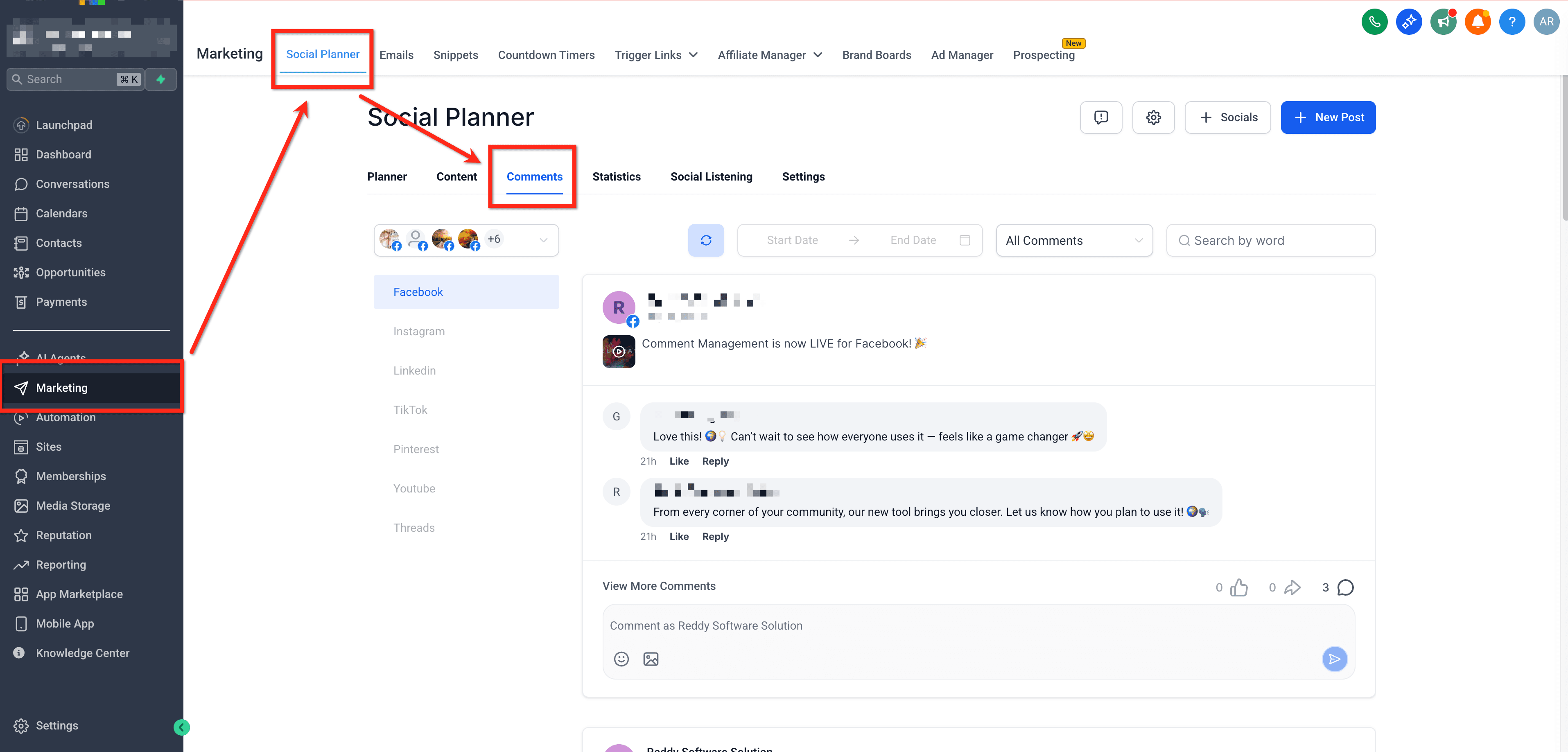 Schermata 1 — Gestire i Commenti nel Social Planner