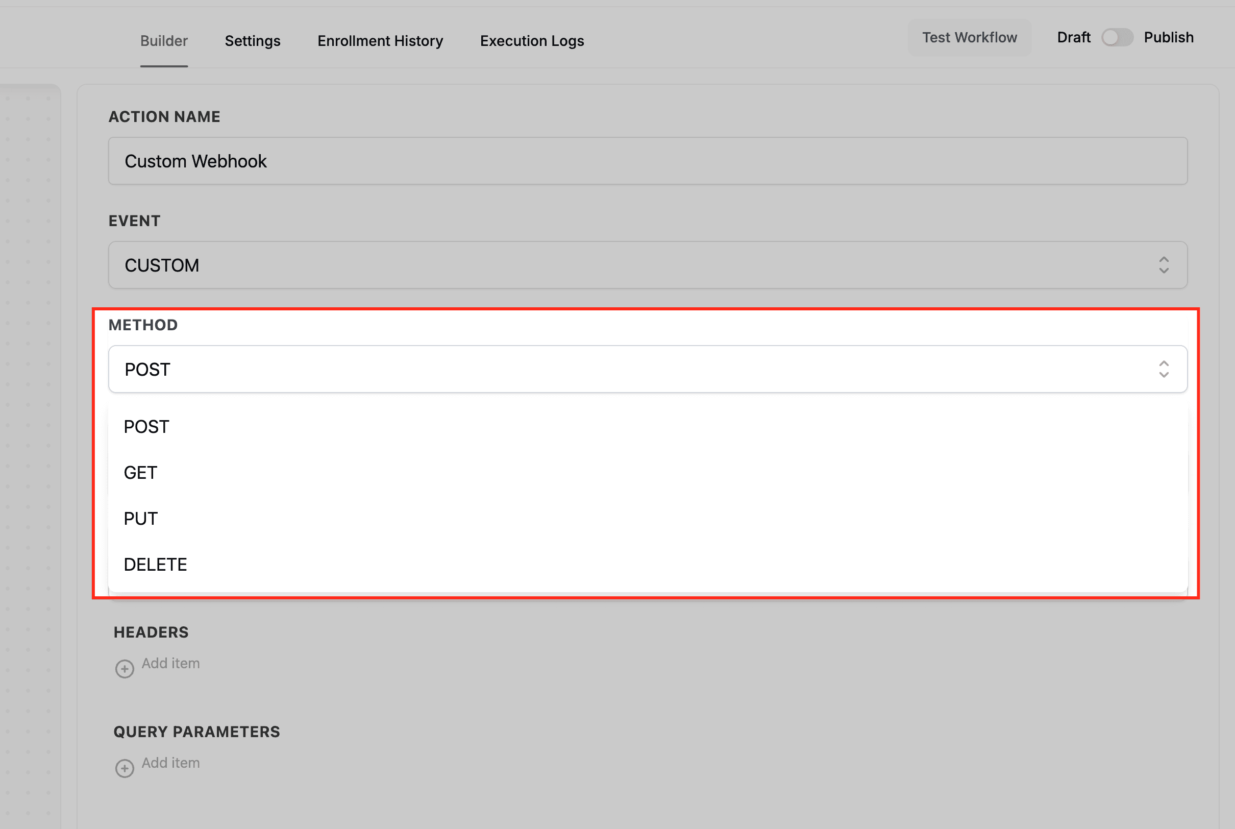 Schermata 5 — Azione Workflow - Custom Webhook