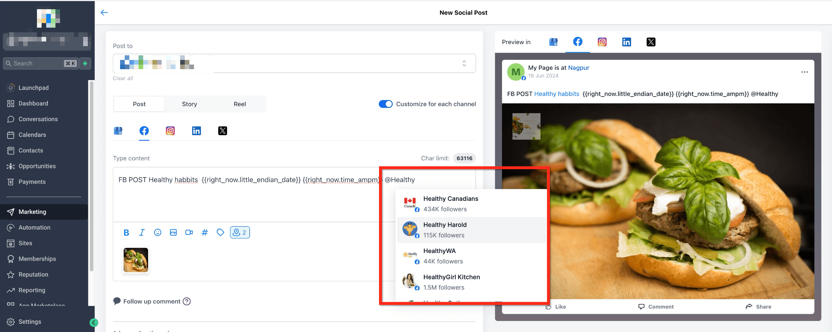 Schermata 4 — @Mention o Tag Profilo nei Post dal Social Planner