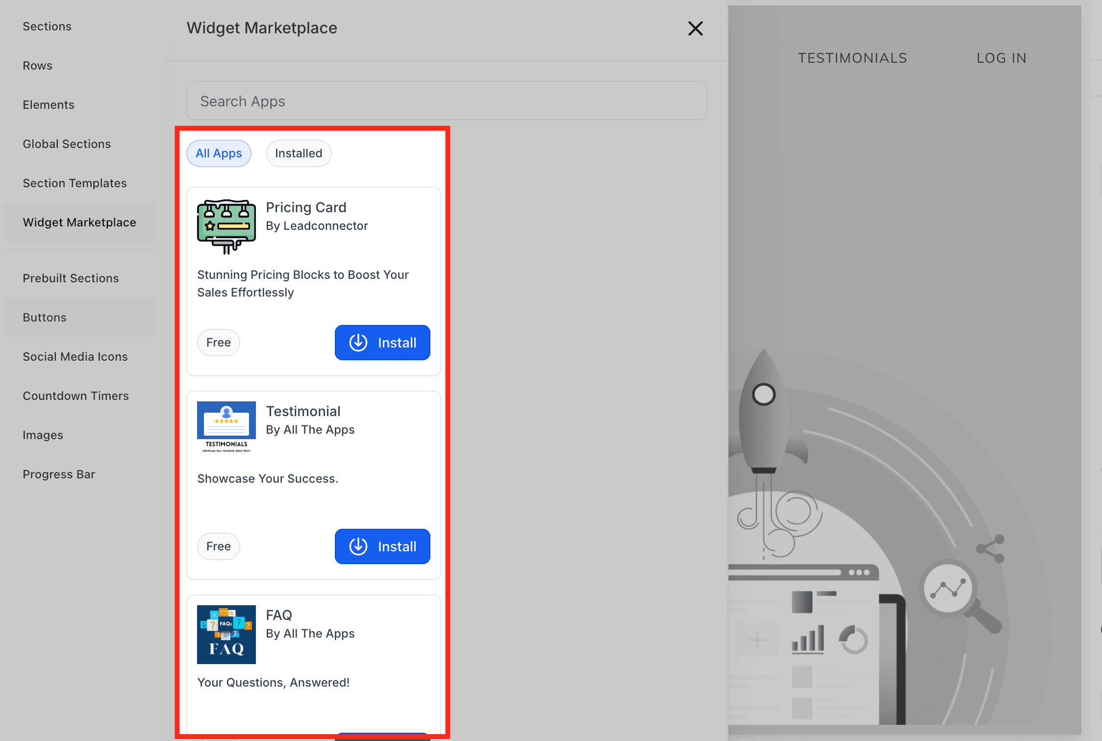 Schermata 3 — Marketplace Web Widget per il Builder di Funnel e Siti Web