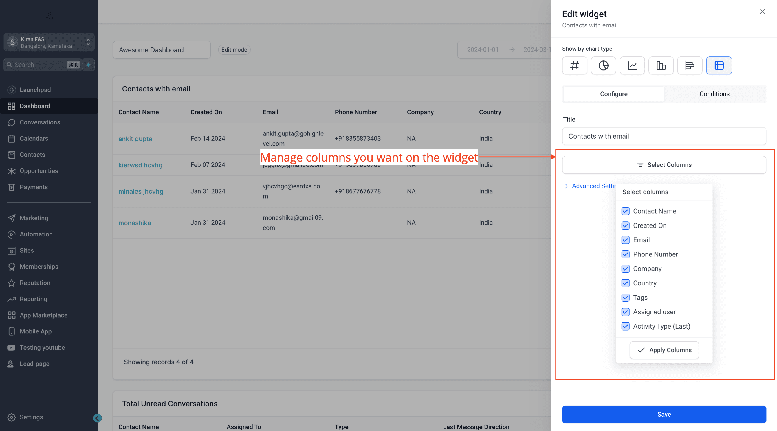 Schermata 2 — Come usare i Grafici a Tabella per i Widget della Dashboard