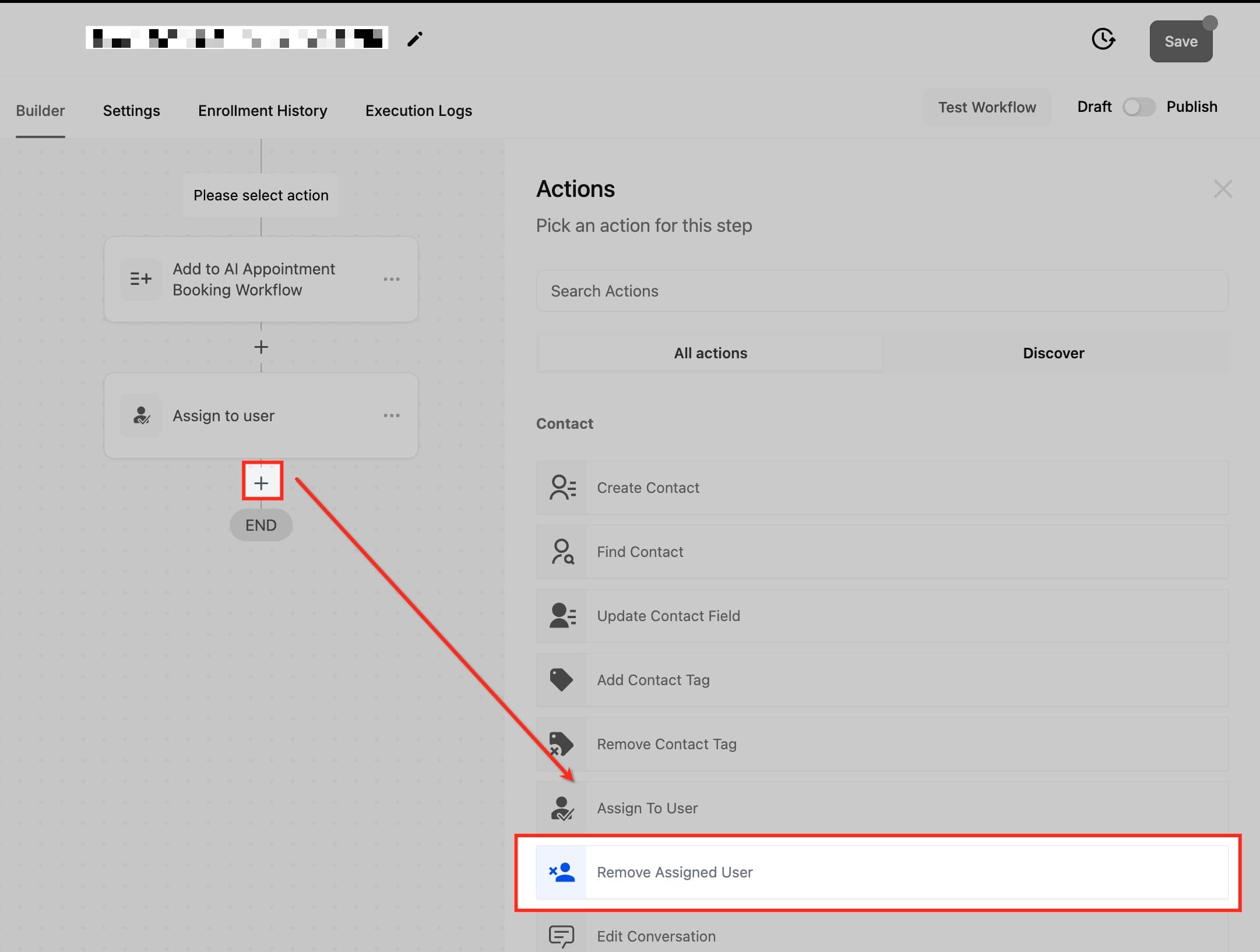 Schermata 2 — Azione Workflow - Rimuovi Utente Assegnato