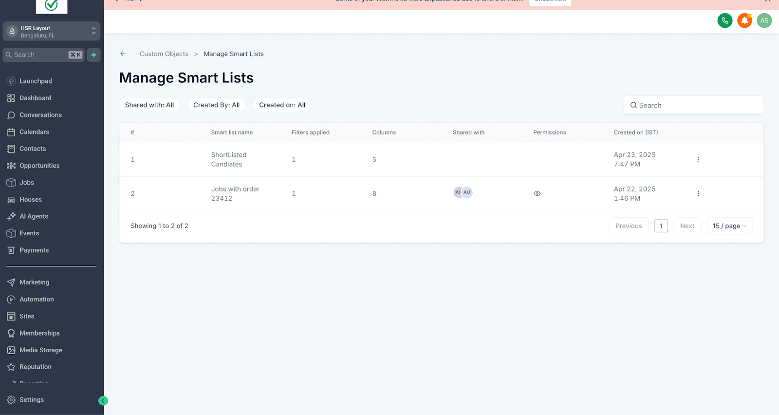 Schermata 12 — SmartList per Oggetti Personalizzati