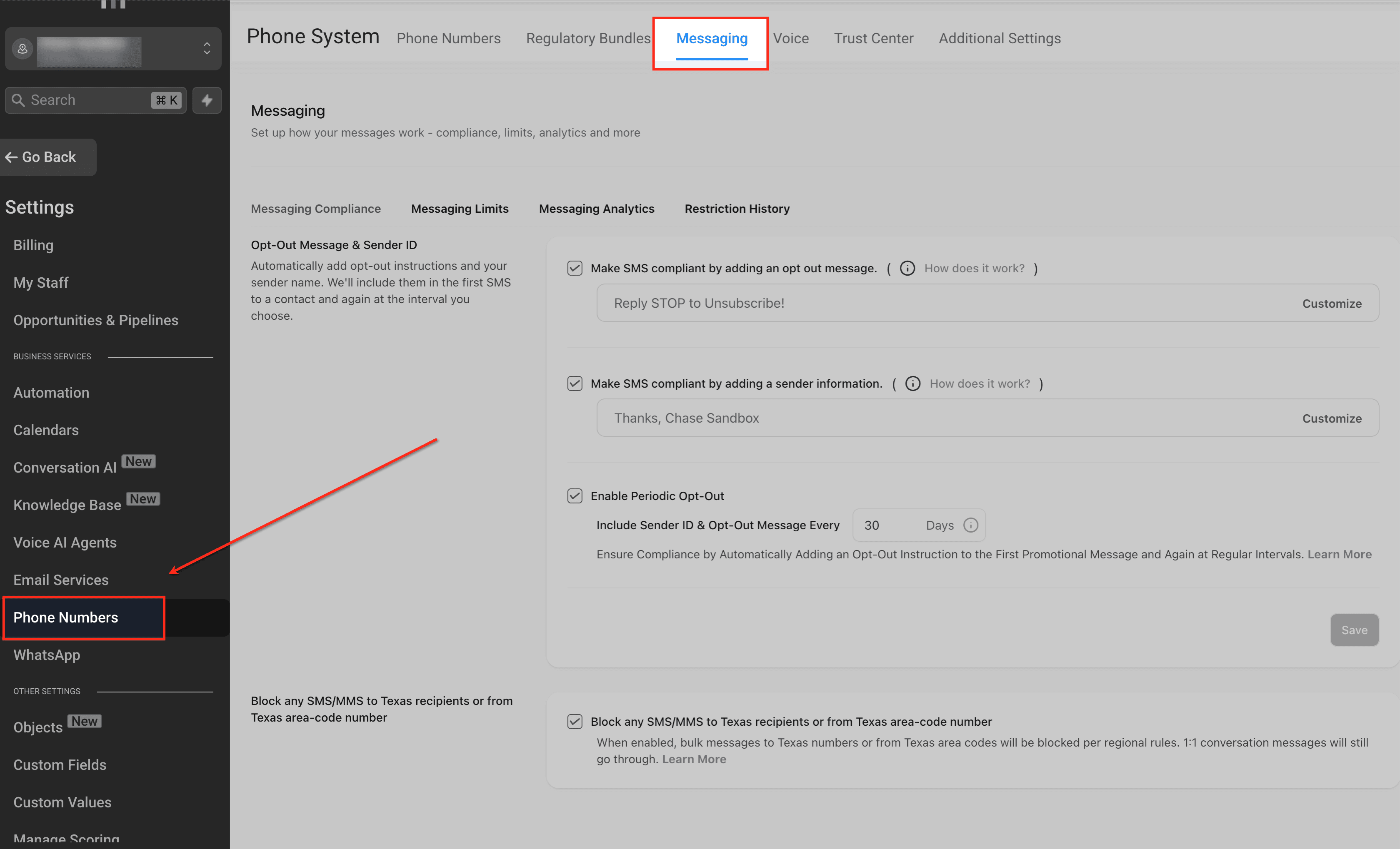 Schermata 2 — Configura l'Aggiornamento Automatico del Messaggio di Opt-Out e delle Informazioni del Mittente nella Conformità di Messaggistica
