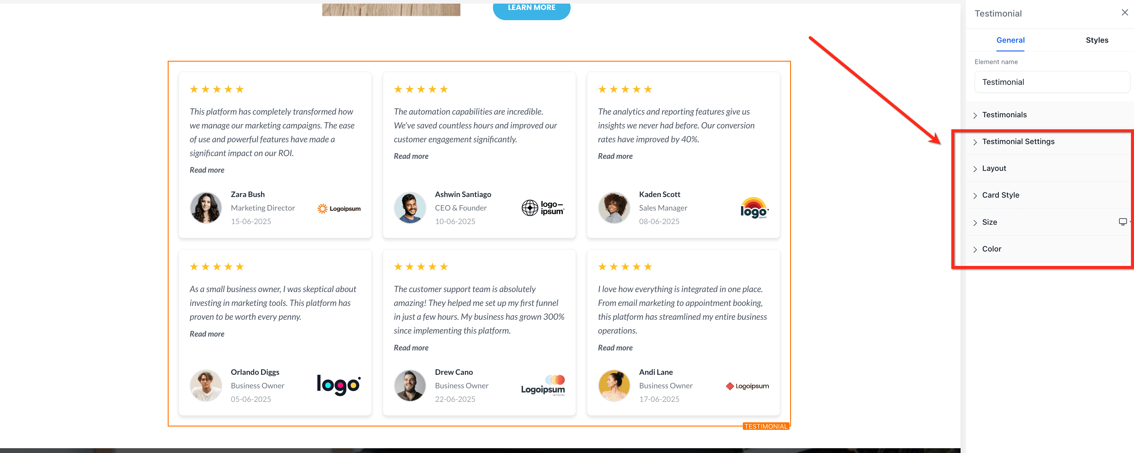 Schermata 8 — Come usare l'Elemento Testimonial