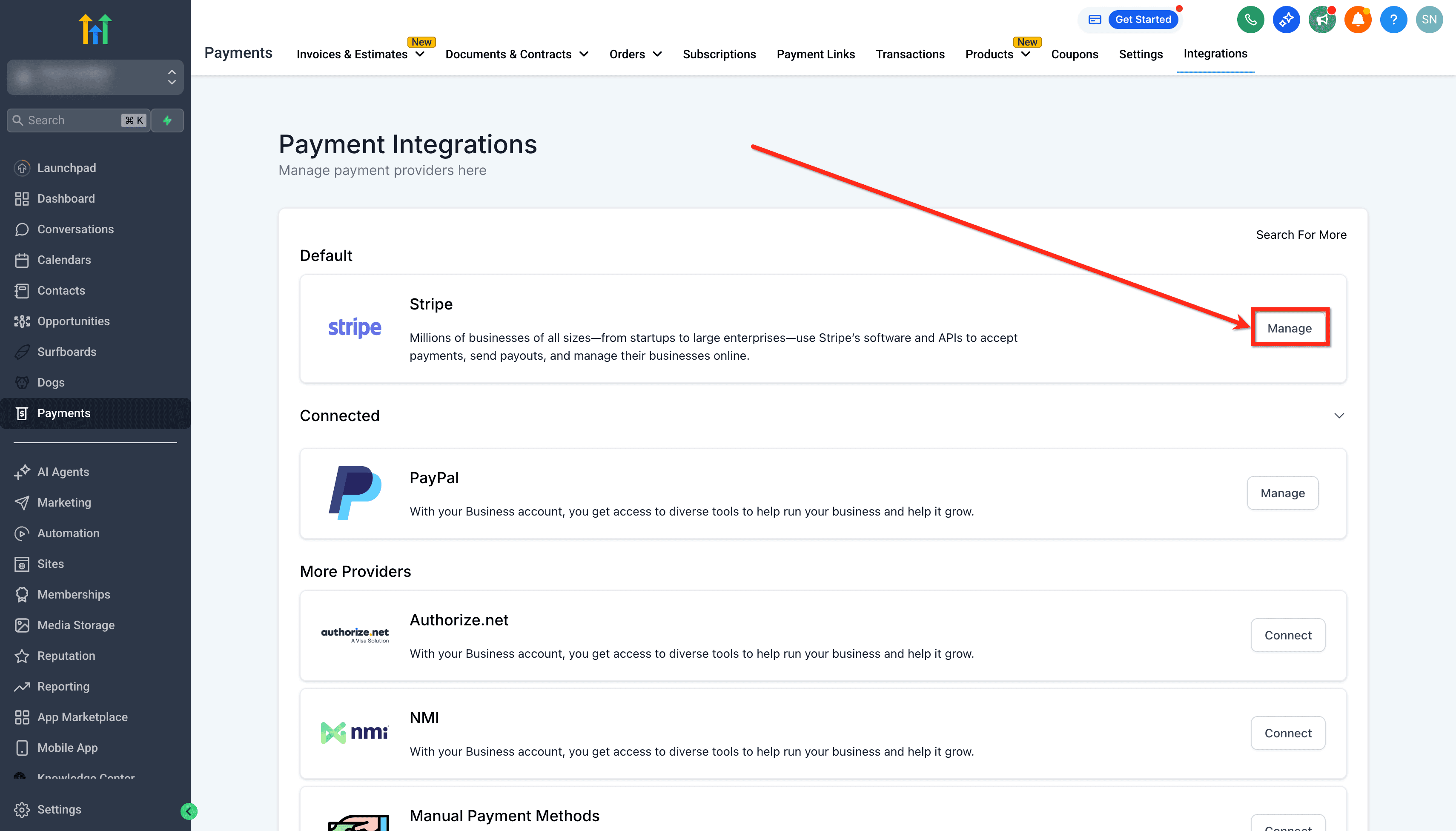 Schermata 3 — Come gestire i metodi di pagamento Stripe in HITLEAD