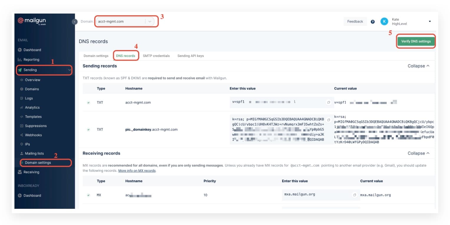 Mailgun DNS records verification screen
