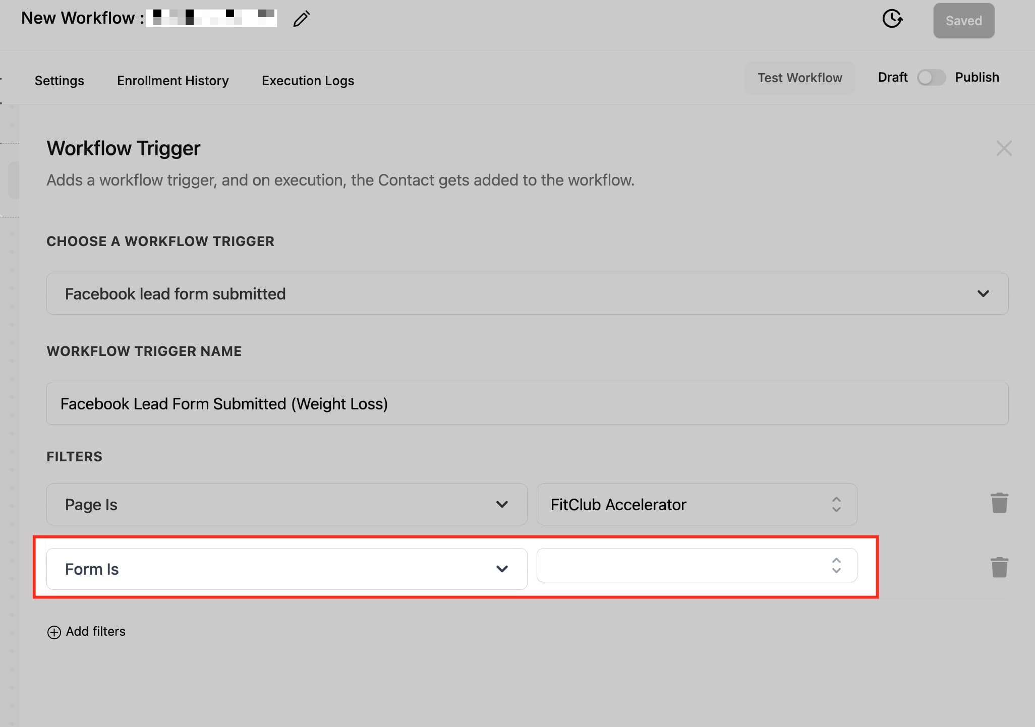 Schermata 5 — Workflow Trigger - Facebook Lead Form Submitted